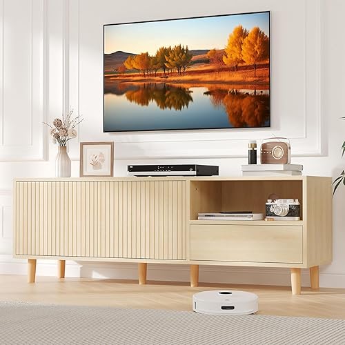 Miniatura 2 de Aoxun Soporte de TV de madera de roble de 58 pulgadas, vitrina de almacenamiento múltiple con estantes abiertos y compartimentos cerrados, elegante