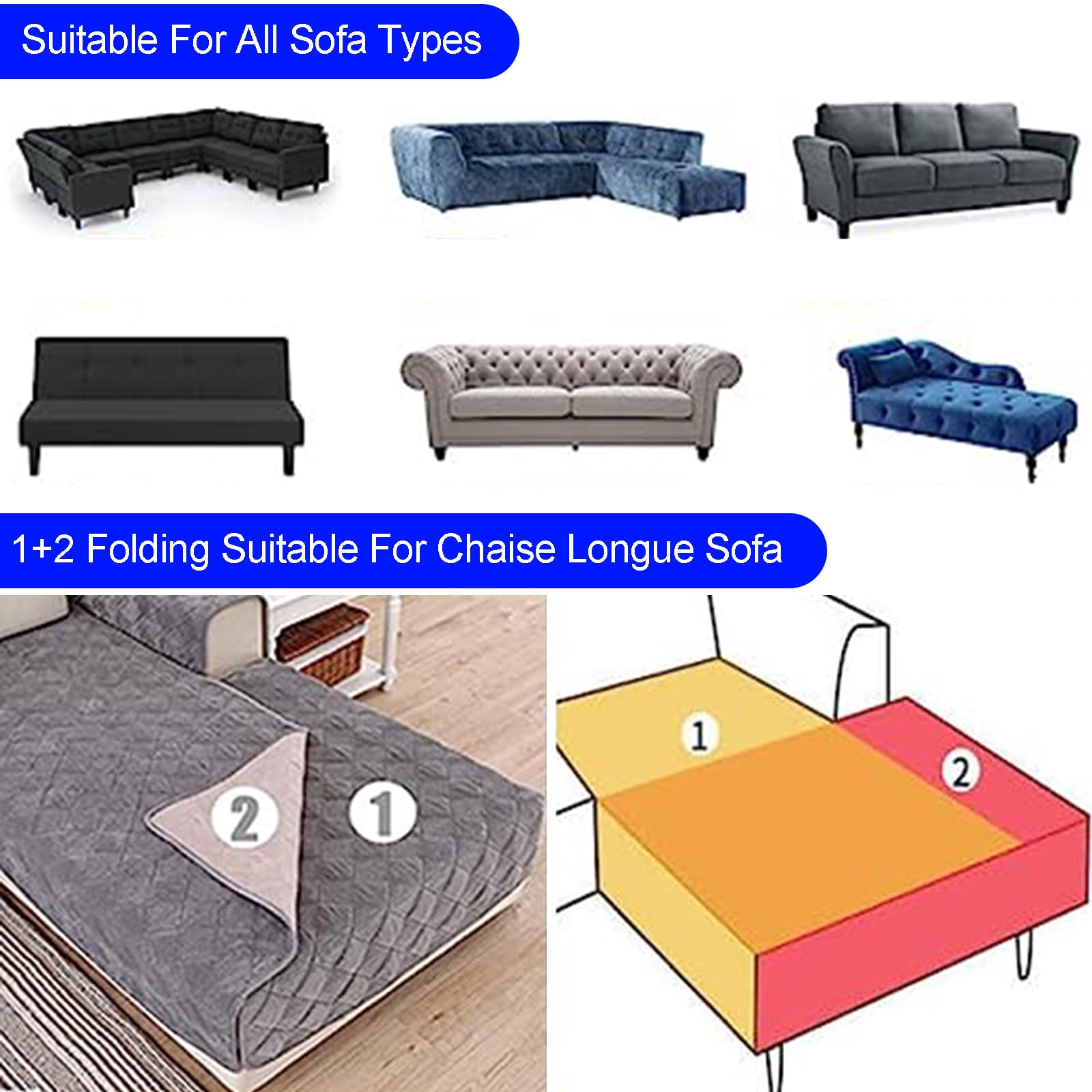 Bankhoes effen kleur pluche stretch bank hoes hoog fluwelen L-vormige sectionele bankhoes wasbare stijlvolle bankhoes woonkamer,blauw B,2-zits (145-185cm/57-73inch