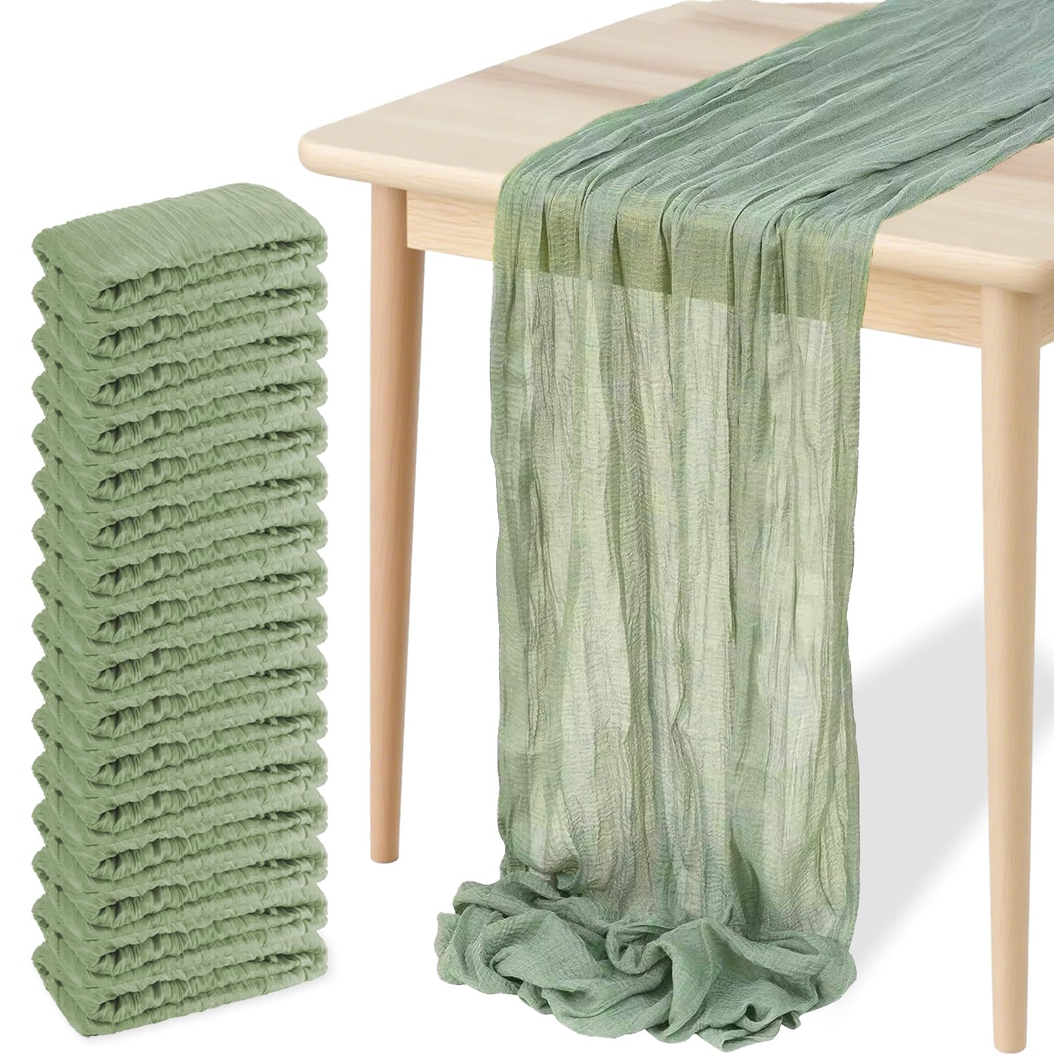 Confezione da 16 runner da tavola in garza bohémien, 50,8 x 304,8 cm, decorazione da tavolo per matrimoni, addio al nubilato, feste di compleanno, runner lungo romantico (verde salvia)