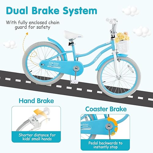 Miniatura 3 de BABY JOY Bicicleta para niños, 12, 14, 16, 18, 20 pulgadas, con asiento ajustable, cesta extraíble, freno de mano y freno de posavasos, ruedas de