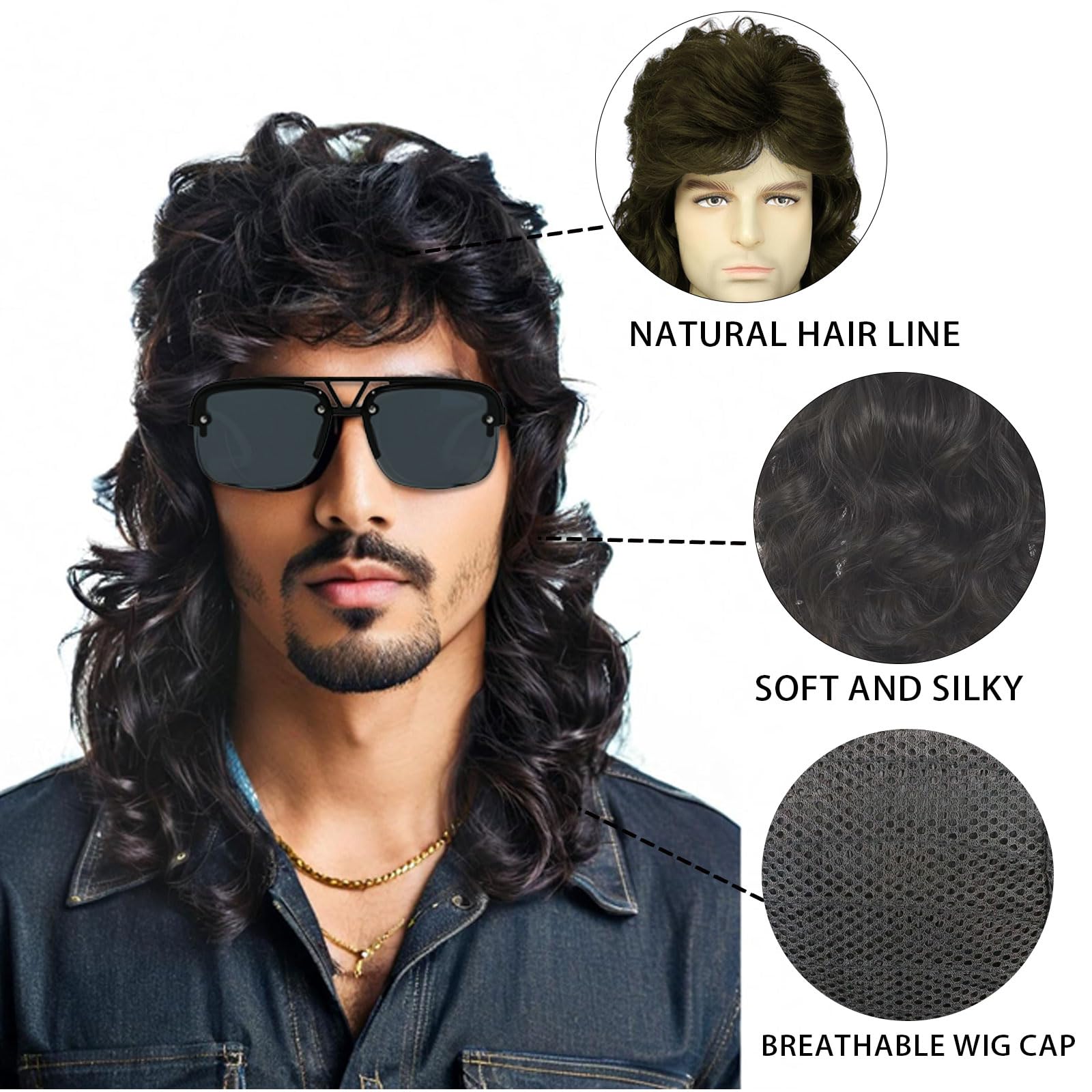 FOUNSHO Black Mullet Wig for Men Men's Long Curly Hair Wig 70s 80s 90s Funny Rocker Fancy Dress Accessories for Adult For Halloween Carnival Pop Rock Costumes Cosplay Party (Black) - Image 2