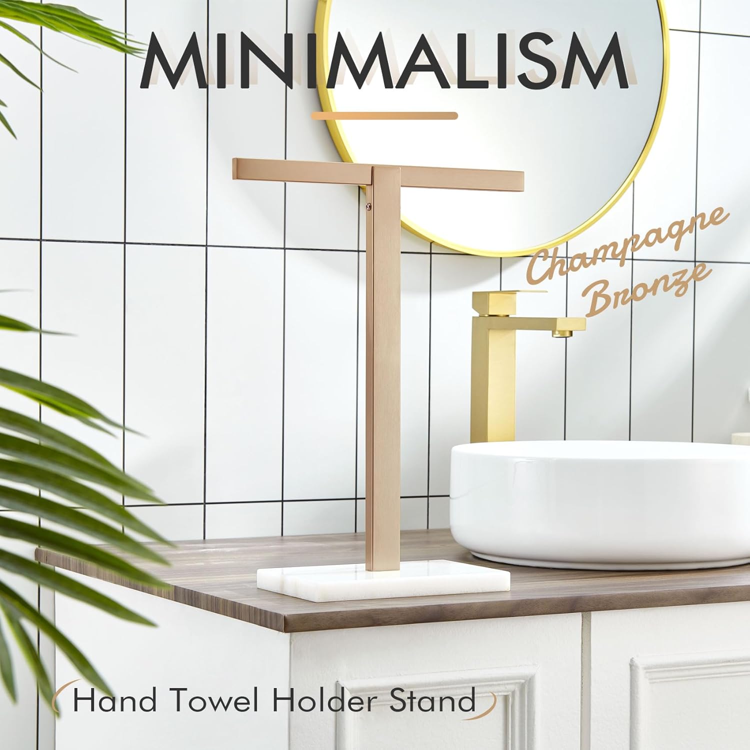 KOKOSIRI Hand Towel Holder Stand Towel Rack with Marble Base for Bathroom Kitchen Vanity Countertop, Champagne Bronze Stainless Steel 15.7'' Height THS0002-SM-CPG