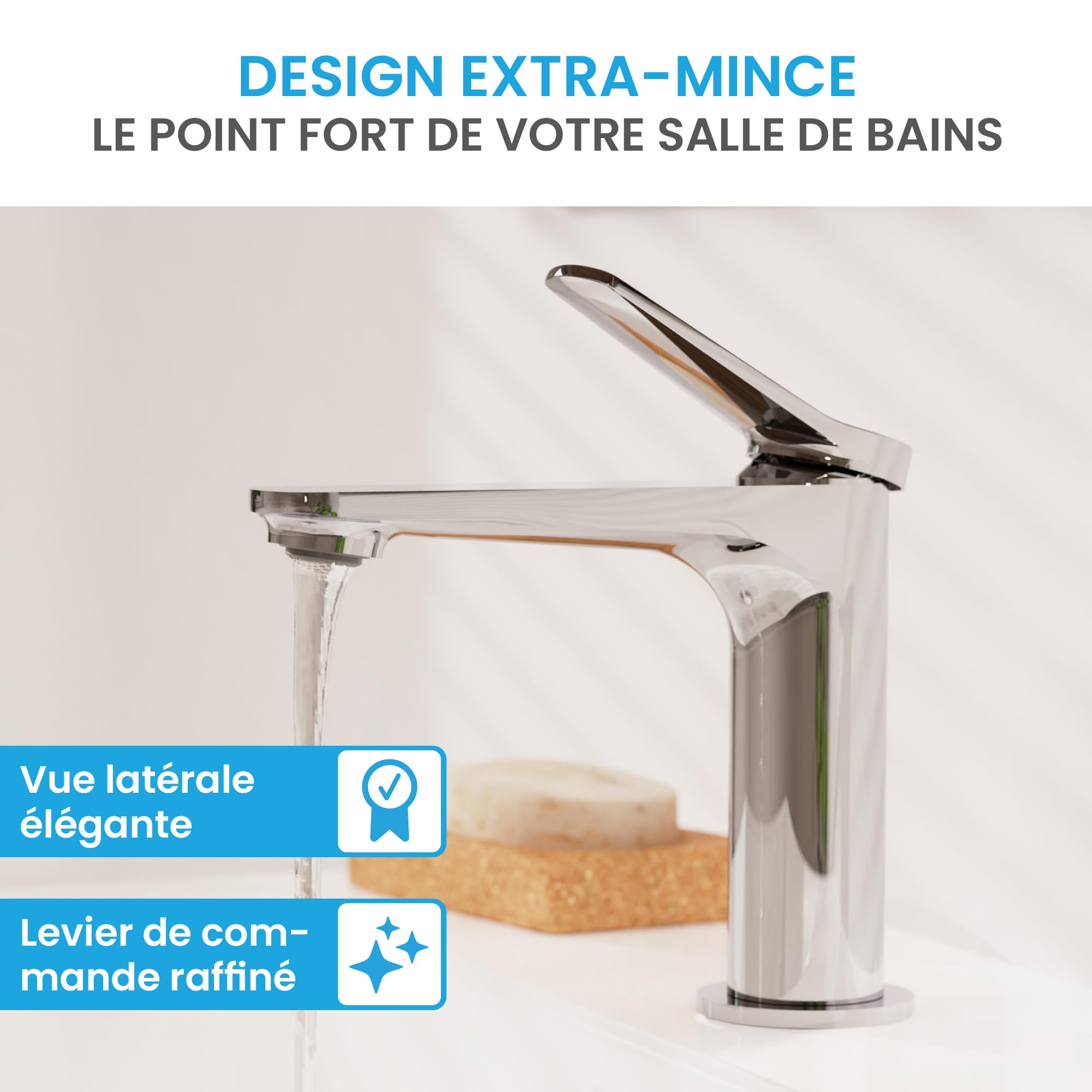 Bächlein Mitigeur de salle de bain Aldeya au design moderne, mitigeur monocommande avec cartouche en céramique durable et kit de montage, robinet de salle de bain chromé