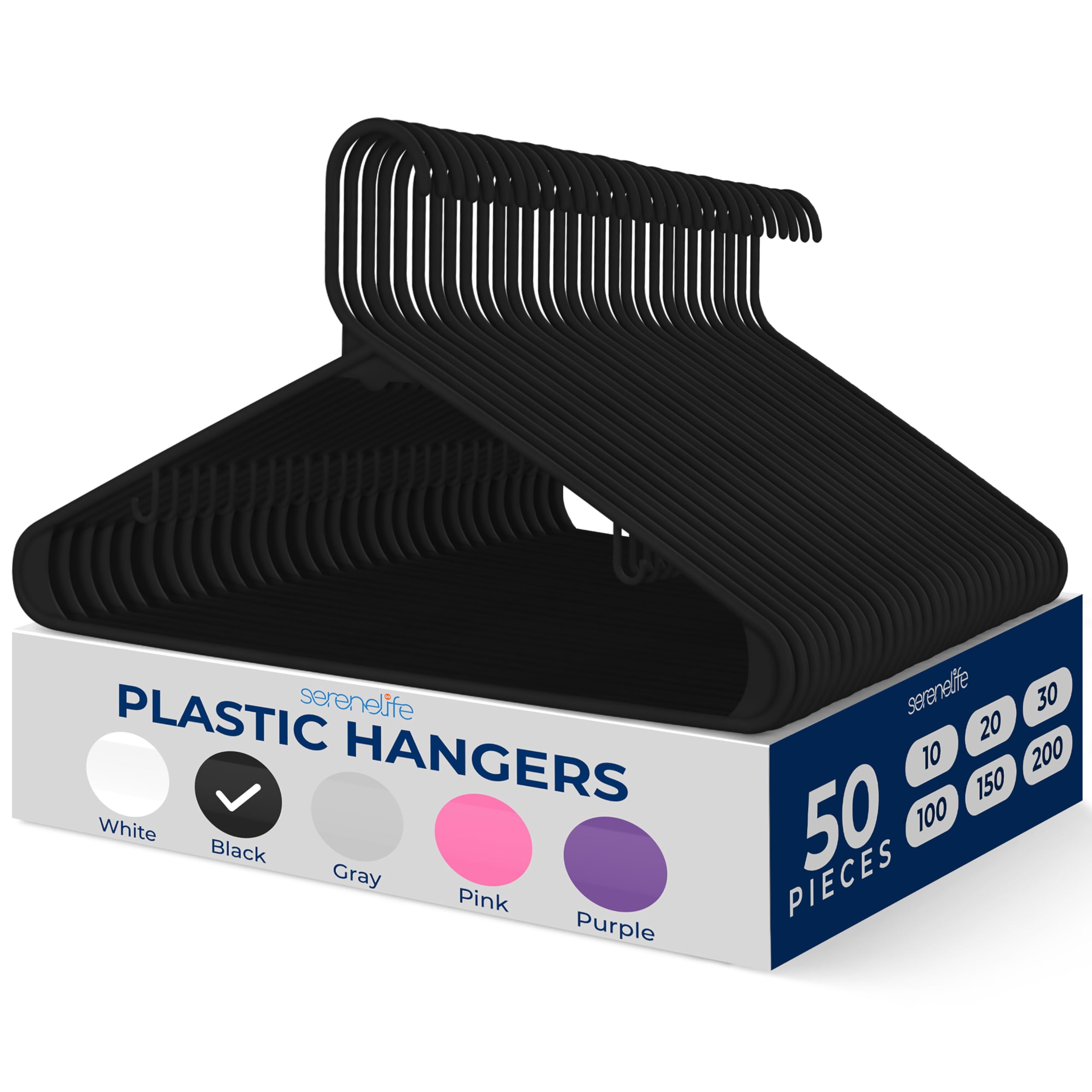 SereneLife Plastic Hangers 50 pcs, Non-Slip Heavy Duty Clothes Hanger Set with 360° Swivel Hook, Smooth Finish to Protect Fabric, Lightweight, Ultra-Thin Hangers for Coats and Other Clothes (Black)