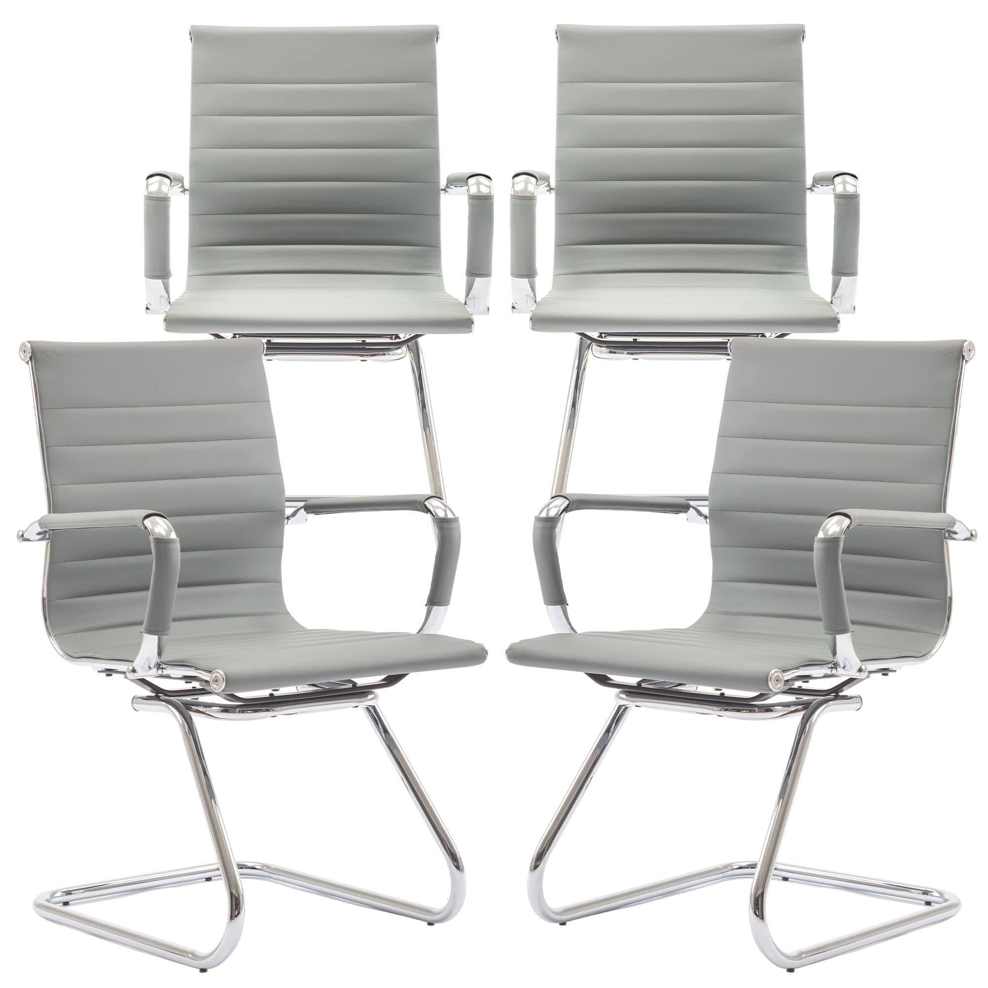 Conference Room Chairs Set of 4, Waiting Room Chairs with Arms, Faux Leather Reception Chairs No Wheels, Office Guest Chairs with Mid Back Support and Chrome Sled Base, Grey