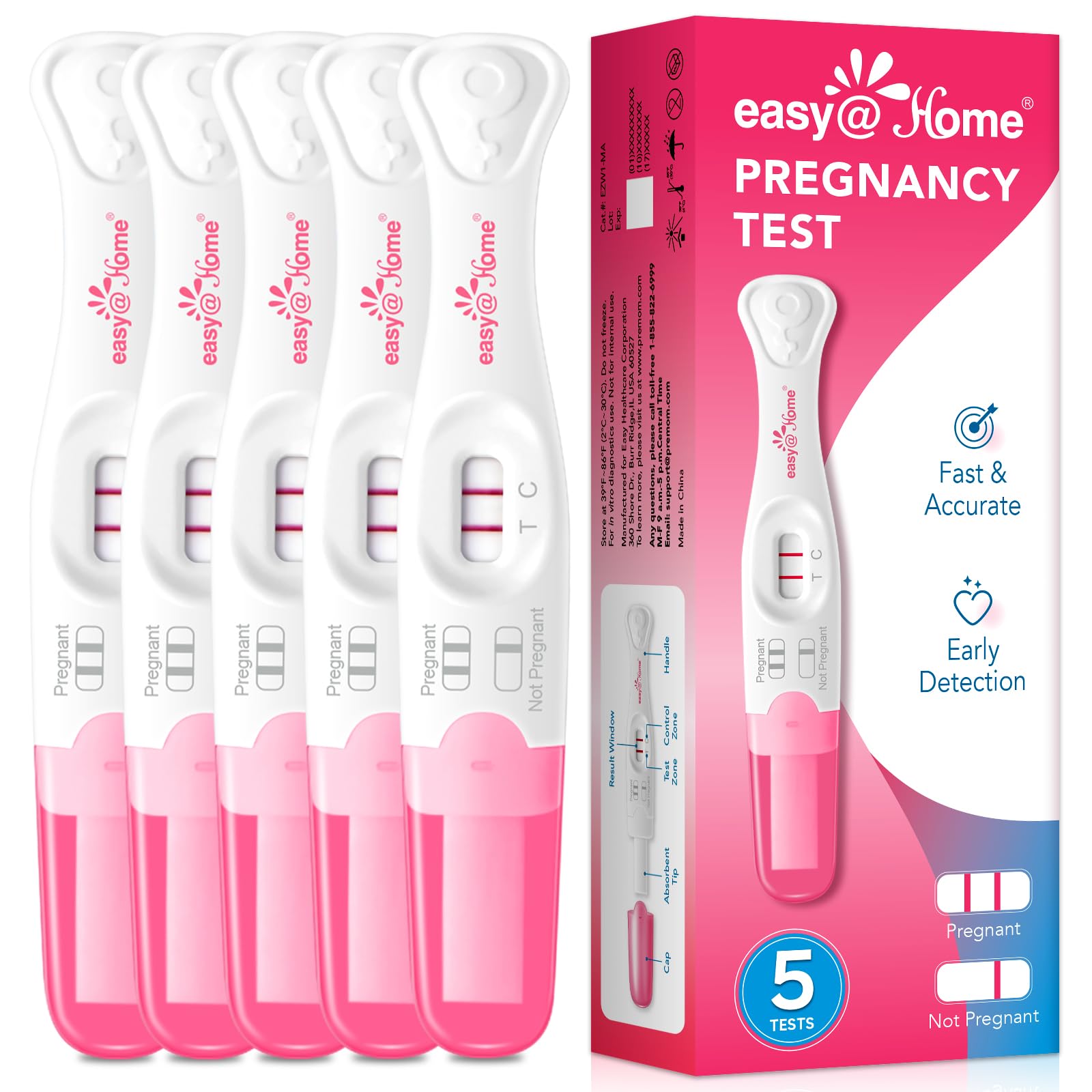 Pregnancy Test Sticks: 5 Count - Reliable and Early Detection Pregnancy Sticks - Precise Results in Minutes - Easy to Use at Home Urine Pregnancy Tests with Curved Handle