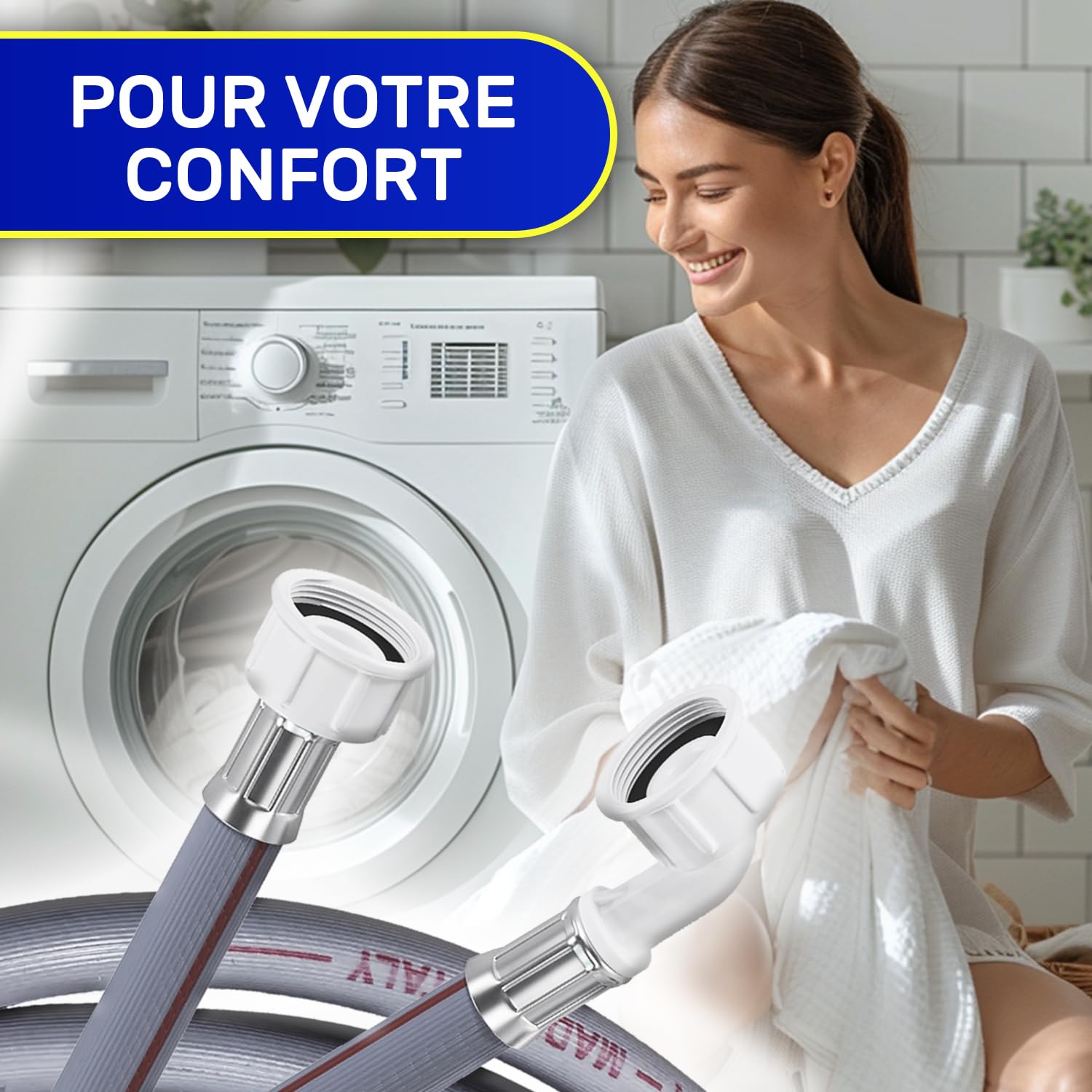 Tuyau Alimentation Machine à Laver 3m - Raccord Droit/Coudé 3/4" - Pression 20-60 Bar - Made In Italy