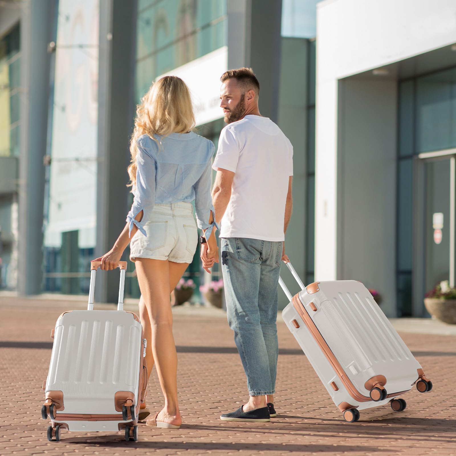 LALAHO Set de 4 Valises avec Vanity Case, Valise Grande Taille & Cabine, Petite Valise, ABS avec Coins Renforcés, roulettes Pivotantes 360° (Beige-Marron)