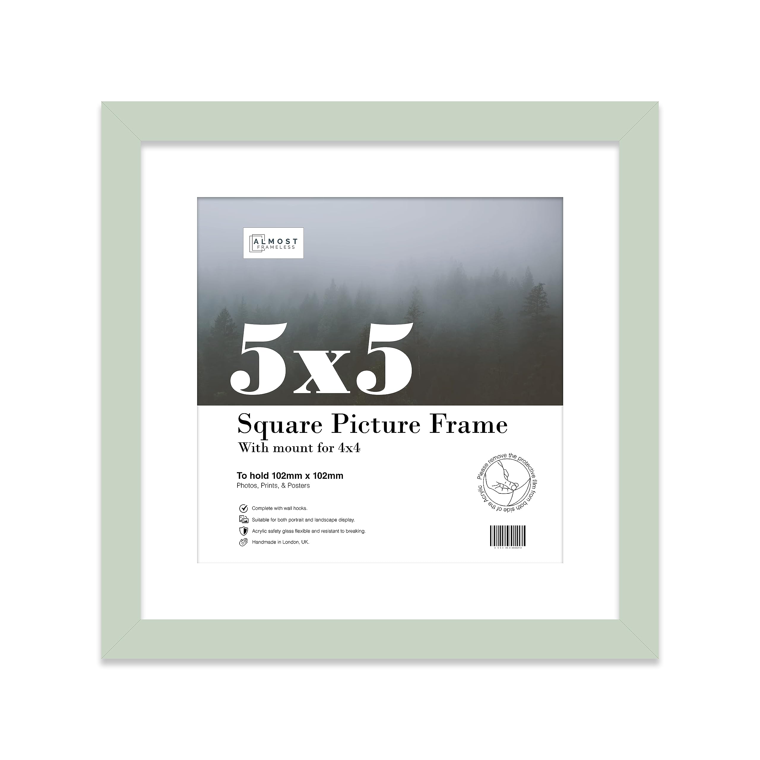 Almost Frameless 5x5 Picture Frame, Display Pictures 4x4 With Mat or 5x5 Without Mat, Wall Hanging & Free Standing Photo Frame, Mint, 1 Pack
