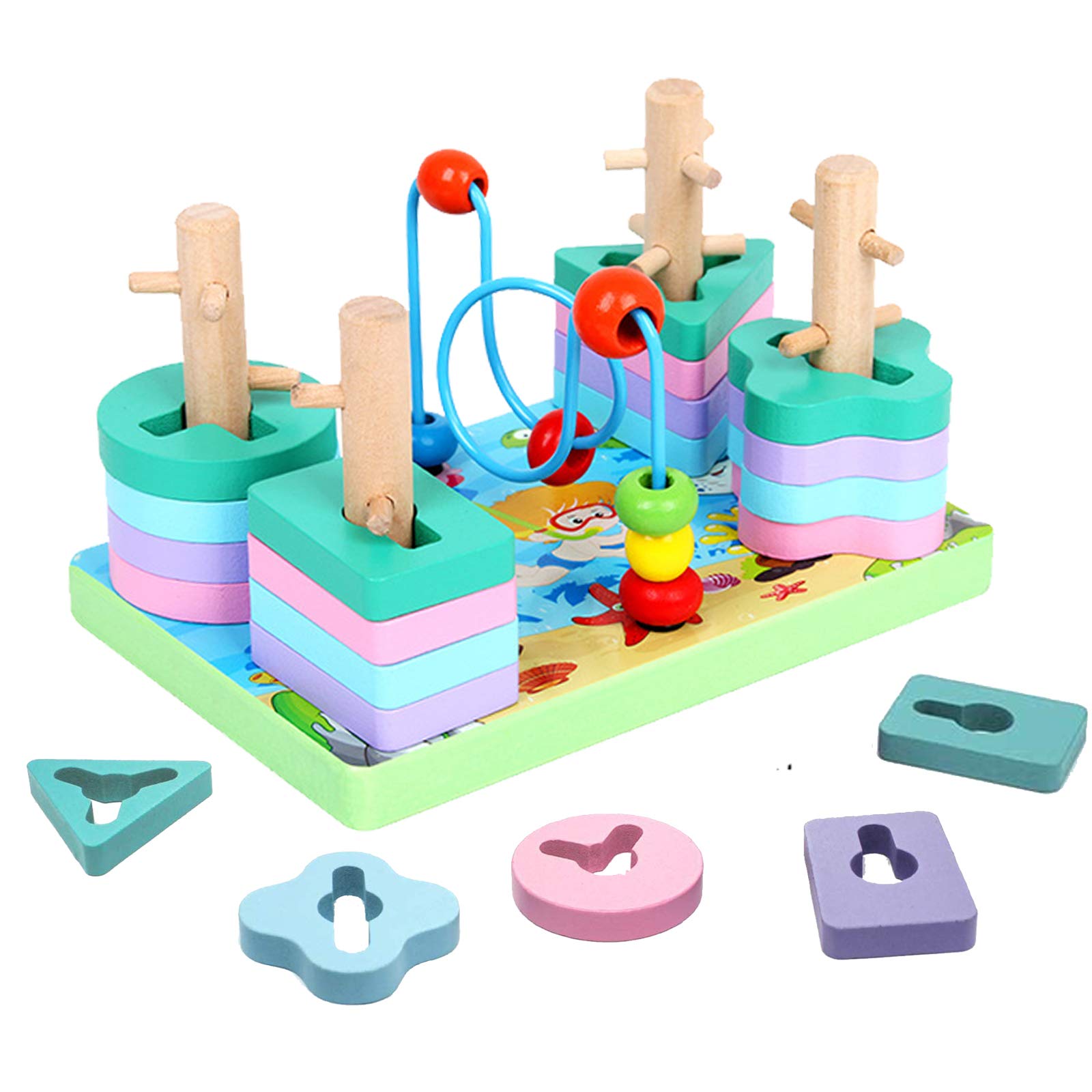 Biter teether Wooden Sorting & Stacking Tools Educational Preschool Blocks with Around Circle Bead Shape Color Recognition Wood Block Puzzles
