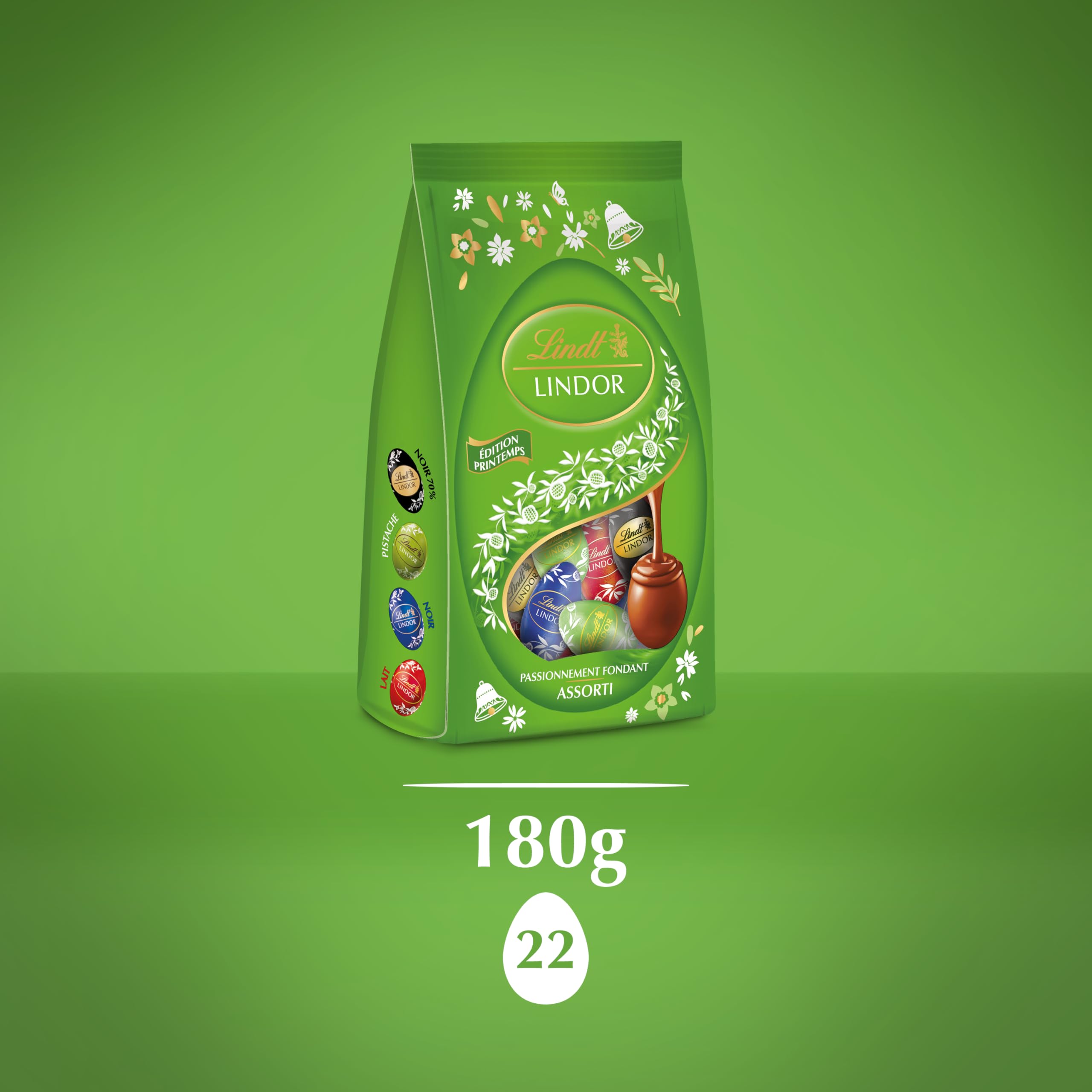 Lindt - Sachet d'Œufs LINDOR - Assortiment de Chocolats au Lait, Noir 45%, Noir 70%, Pistache - Idéal pour Pâques, 180g
