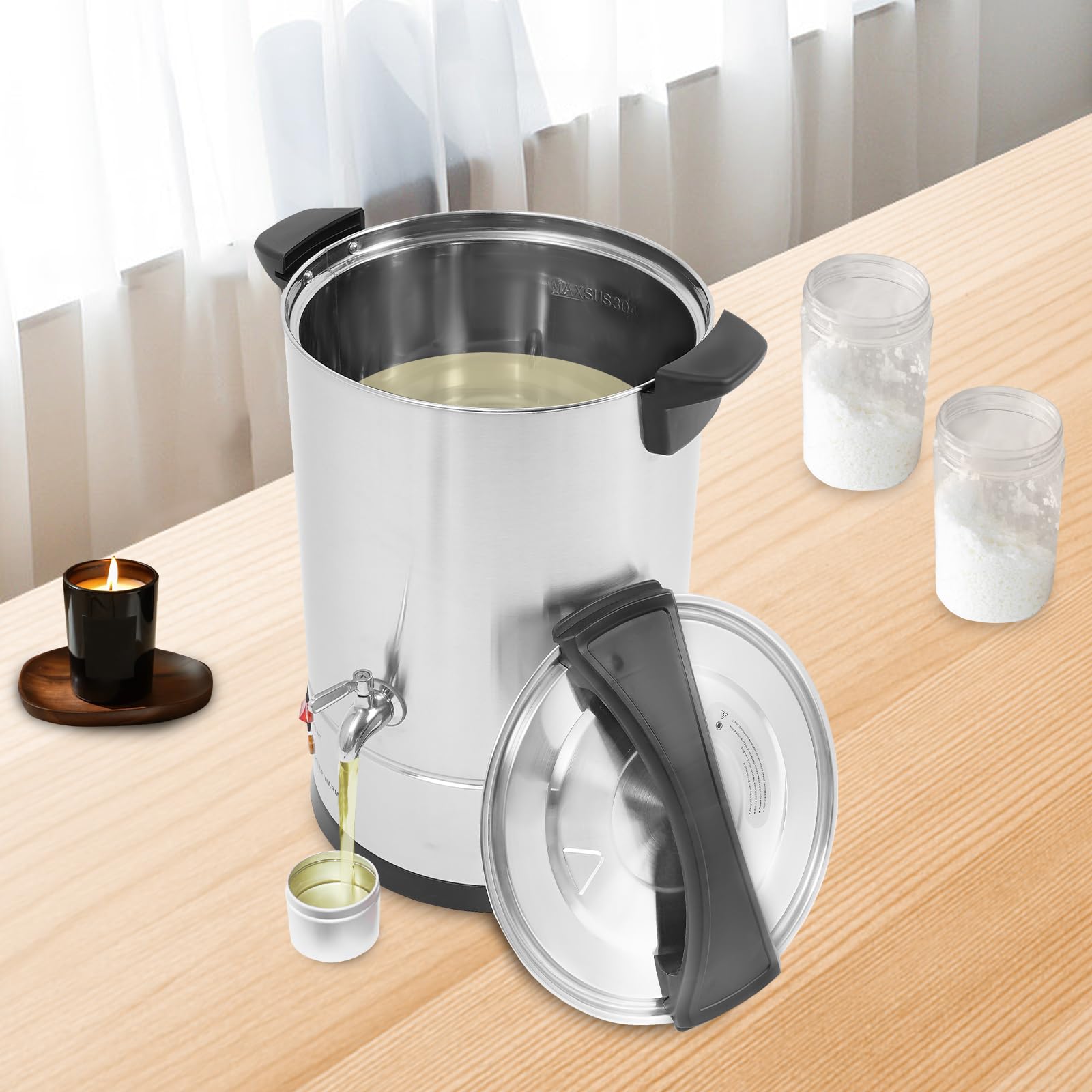 Cera de fusión eléctrica de 12 litros con ajuste de temperatura 30 – 110 °C, de acero inoxidable para la fabricación de velas, con boquilla para cera de soja, parafina, cera de abejas