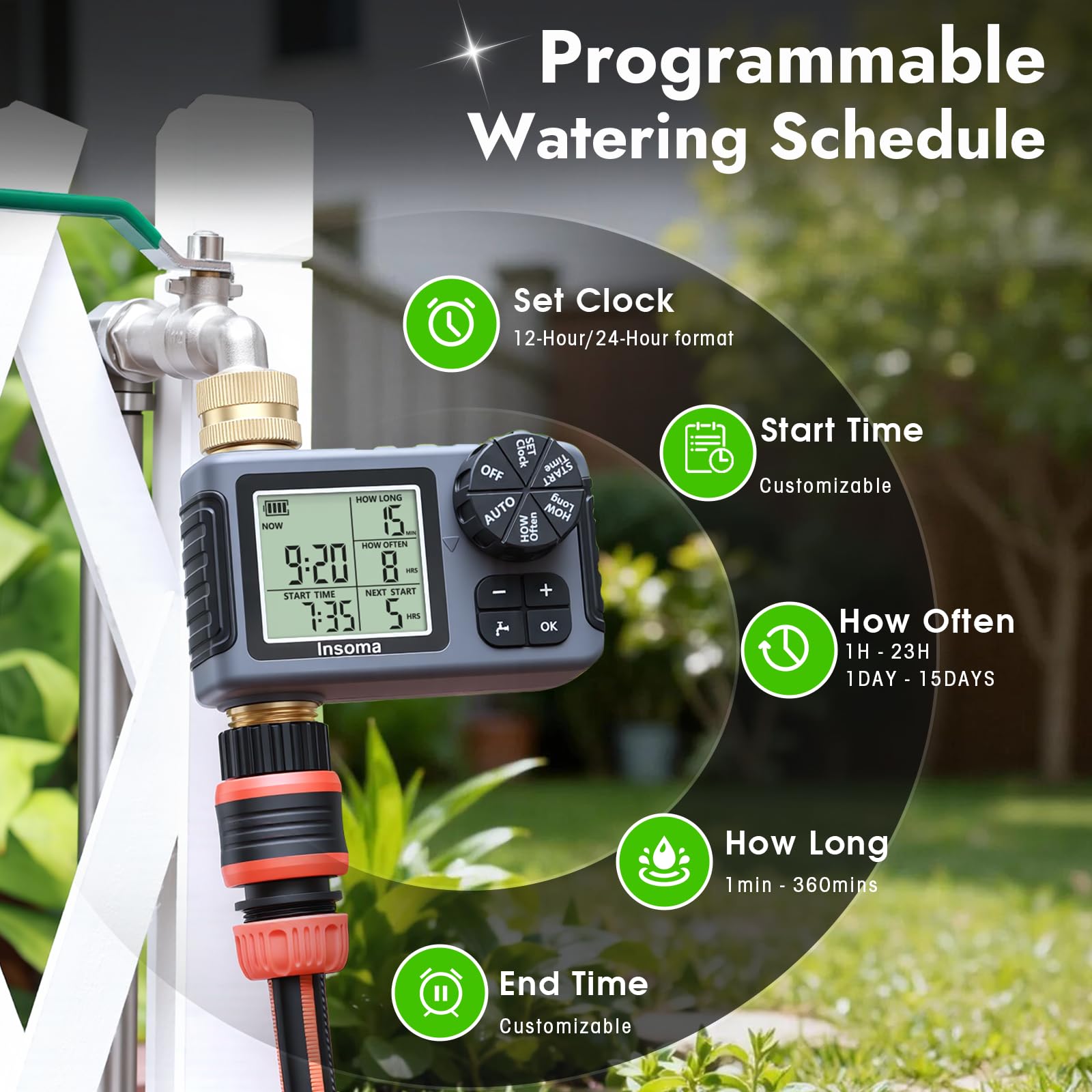 Timer zraszacza z mosiężnym wlotem i wylotem, programowalny timer wody do węży ogrodowych na zewnątrz, timer węża z opóźnieniem deszczu/trybem ręcznym/automatycznym, nawadnianiem kroplowym