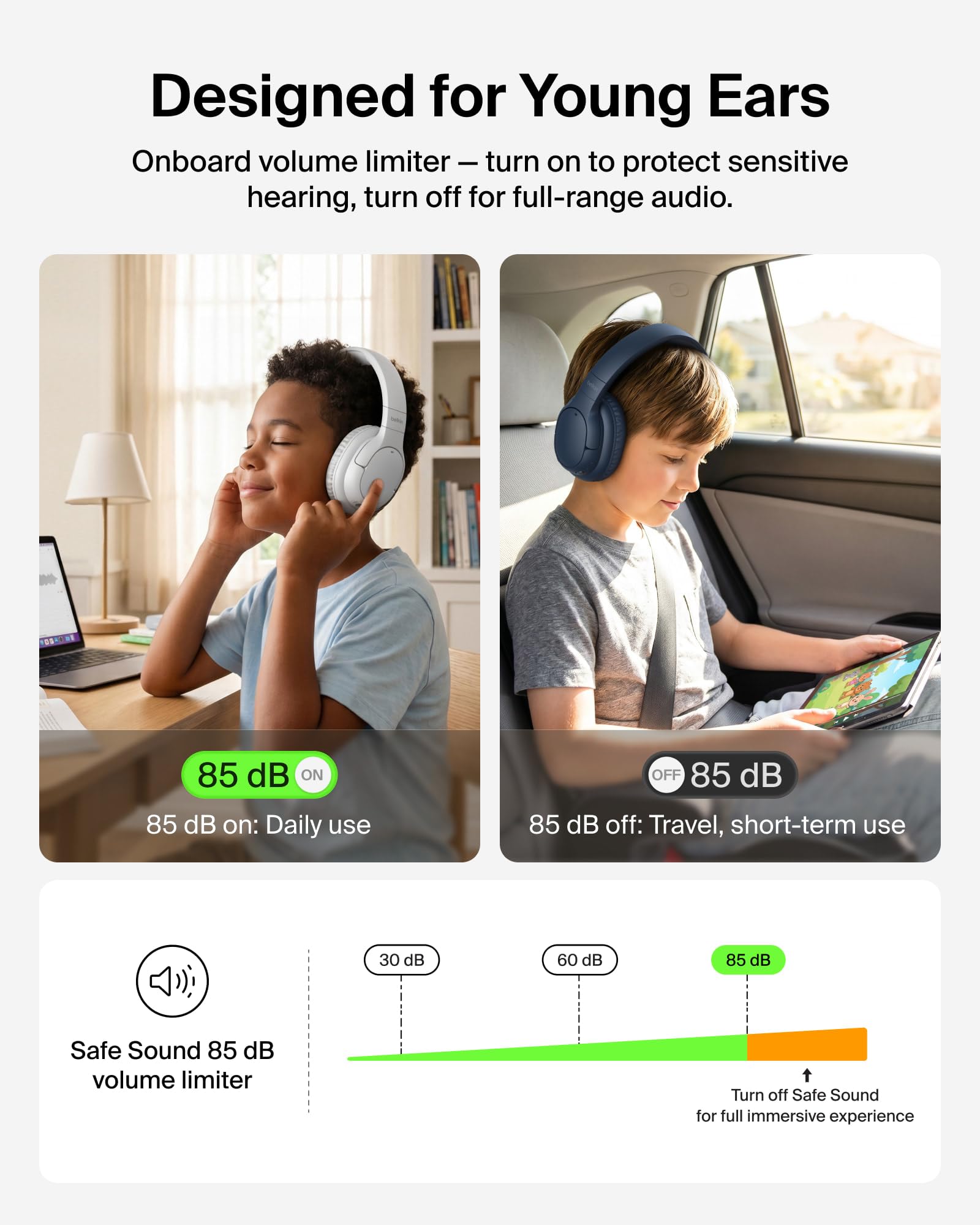 Belkin SoundForm Play ANC Casque pliable pour enfants, volume sûr 80 dB
