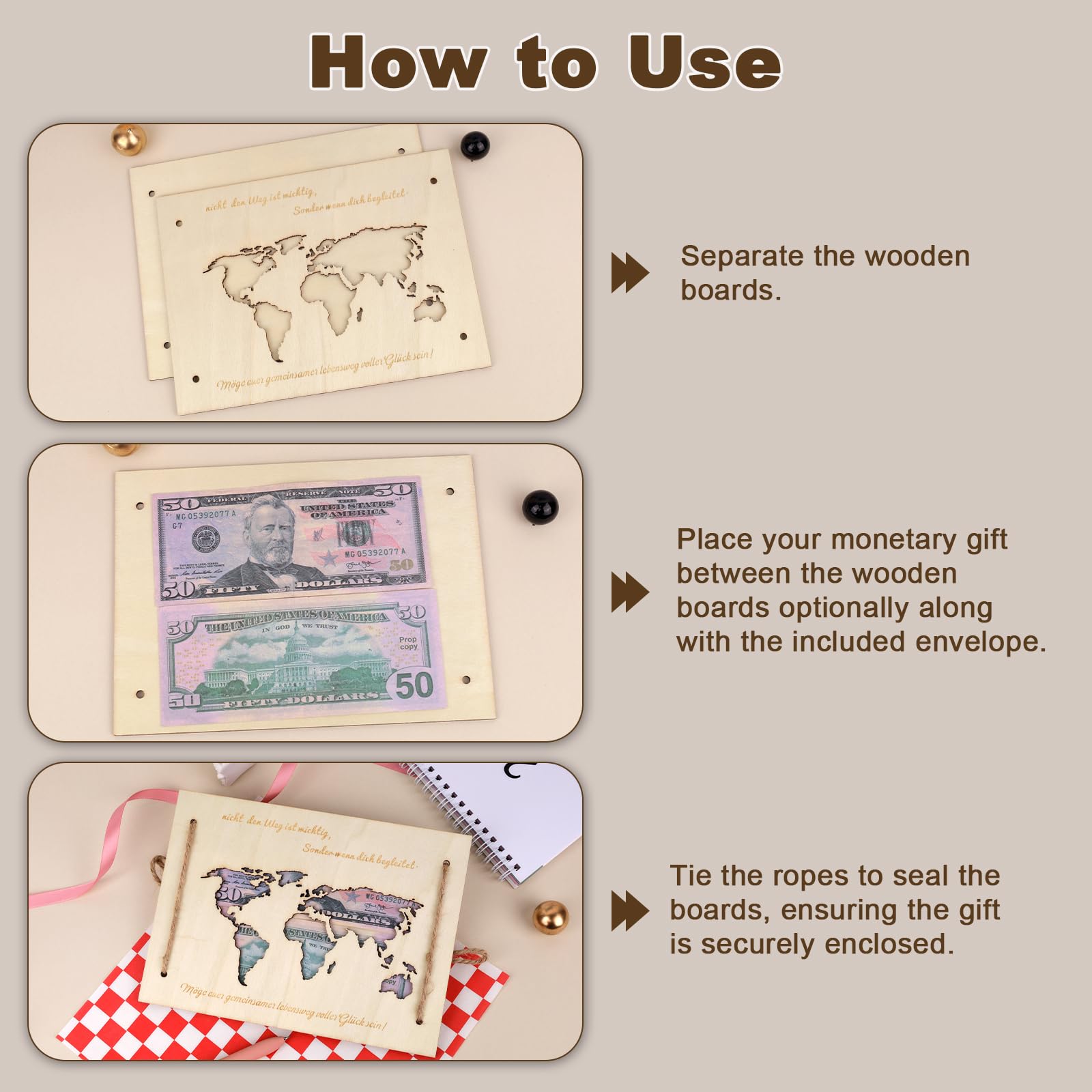 Reisen Weltkarte Hochzeitsgeschenk aus Holz, Personalisierte Hochzeitskarte Geldhülle, Reisen Flitterwochen Geldgeschenk, Geldgeschenke Verpackung, Geldkarten zum Verpacken für Braut Bräutigam
