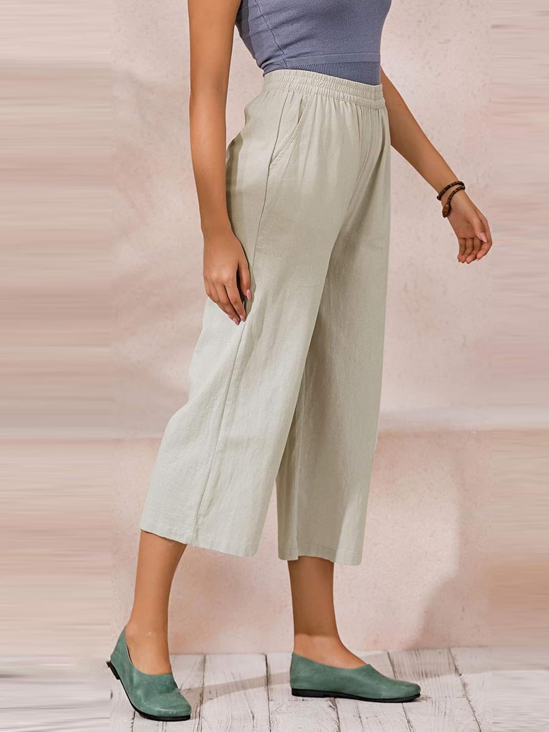 Womens Cotton Cropped Pants Loose Fit Wide Leg Capri Casual Plus Size Elastic Waist Trousers - Image 2