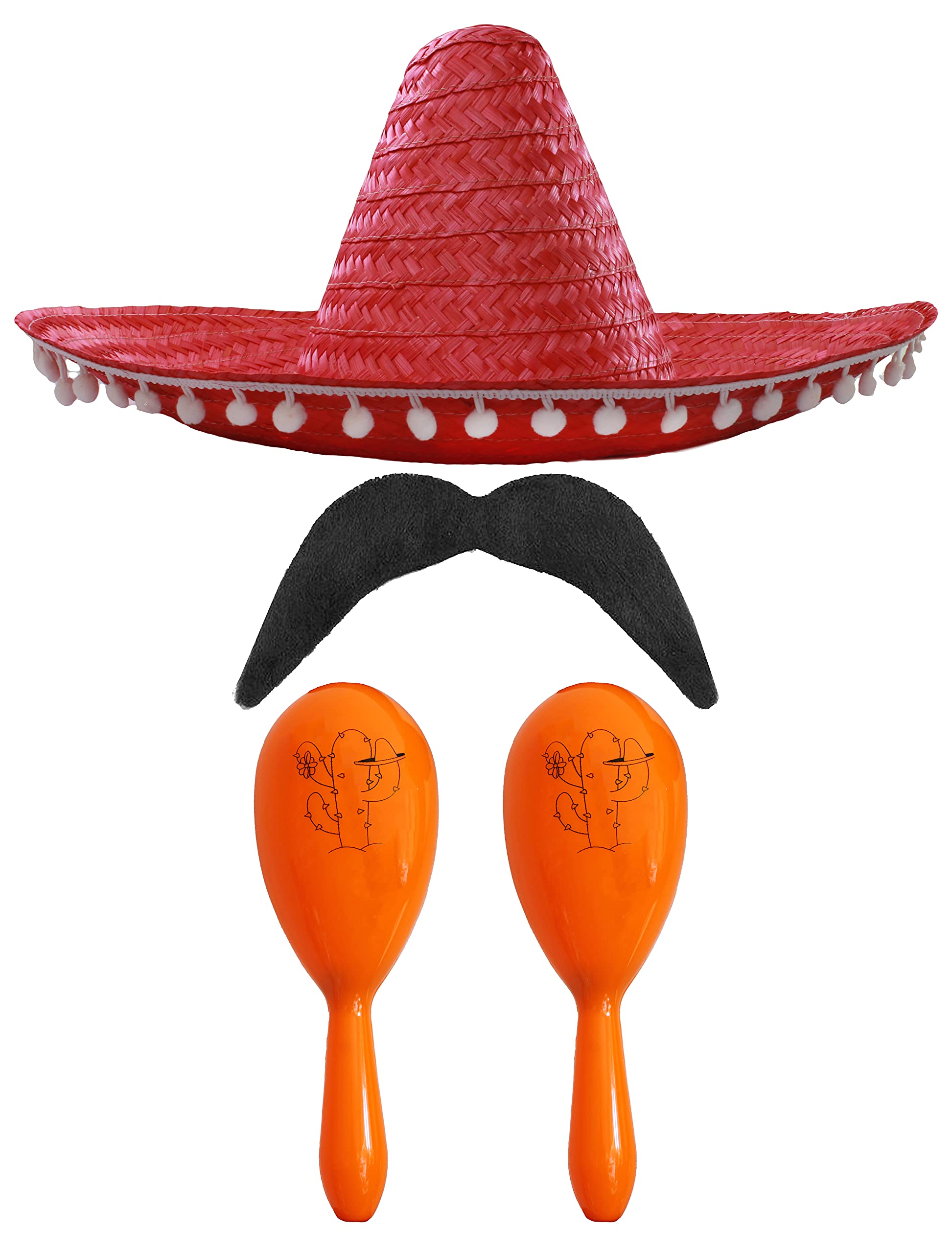 Adults Mexican Accessory Set - Natural Mexican Sombrero, Orange Maracas, Moustache - Mexican Cinco de Mayo Sensorita Bandit Mariachi Fancy Dress Costume Accessory Set