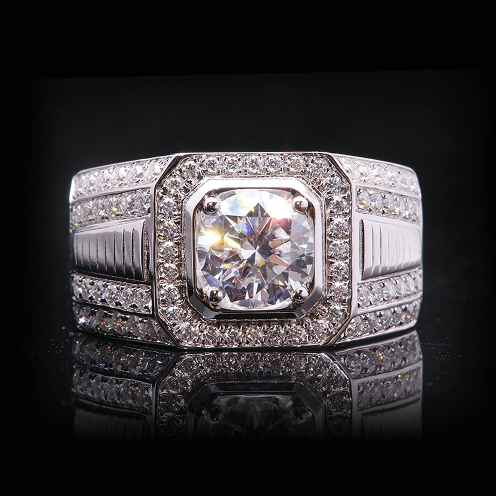 Anello Uomo Fidanzamento, Anello Oro Bianco 18K Largo Lusso Rotonda con Moissanite 2ct Anello Vintage Uomo