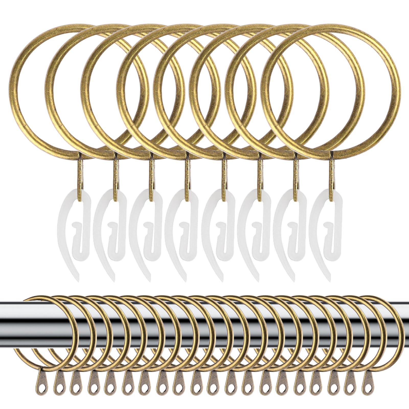 Annzhao Bronze 50 Pcs Metal Curtain Rings With Clips,38Mm Curtain Rings And Hooks, With 50 White Plastic Hooks, For Drapery, Rods And Shower Hanging (Bronze)