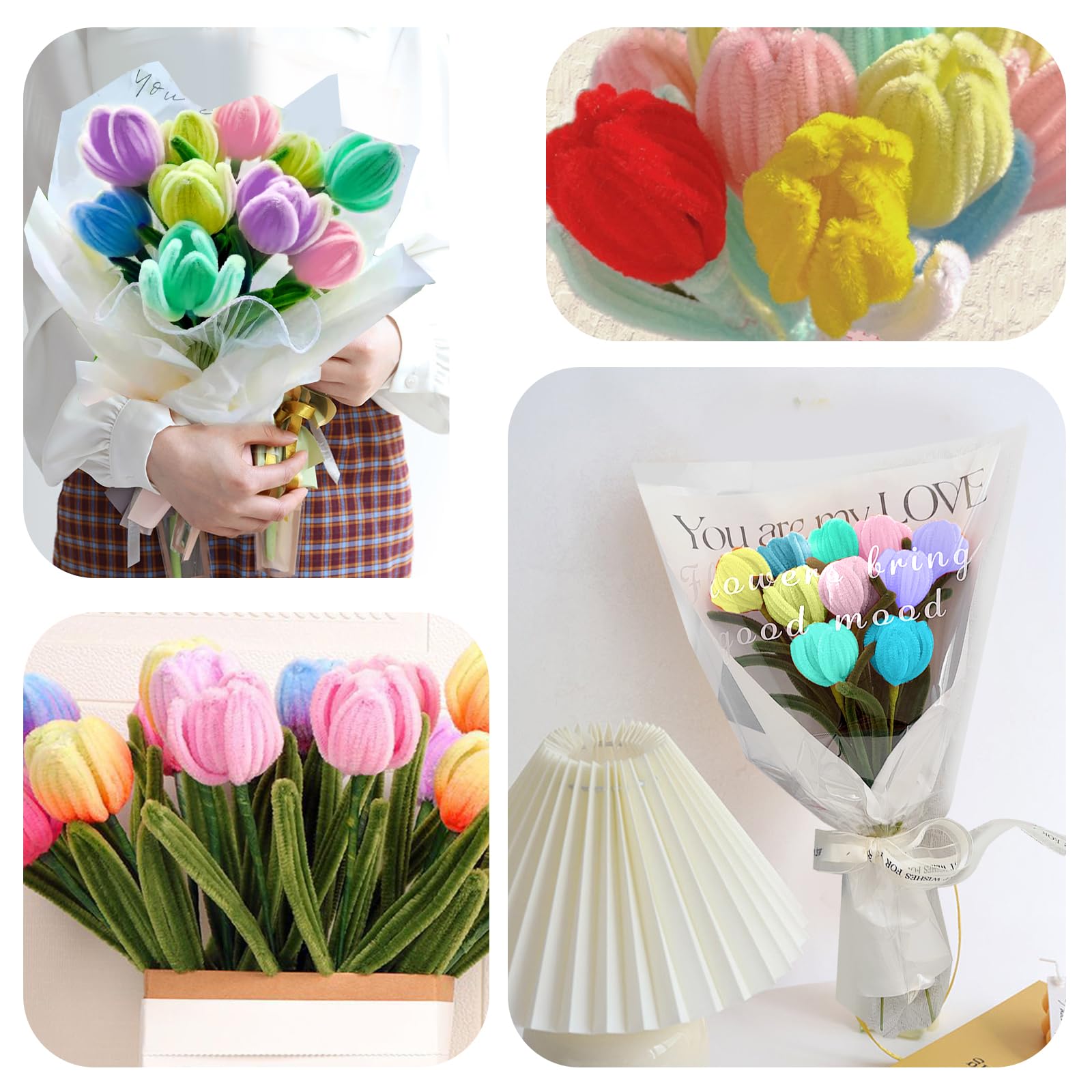 Kit Créatif Cure-Pipes Tulipes - 200 Pièces Multicolores + Accessoires Pour Artisanat Fleuri DIY