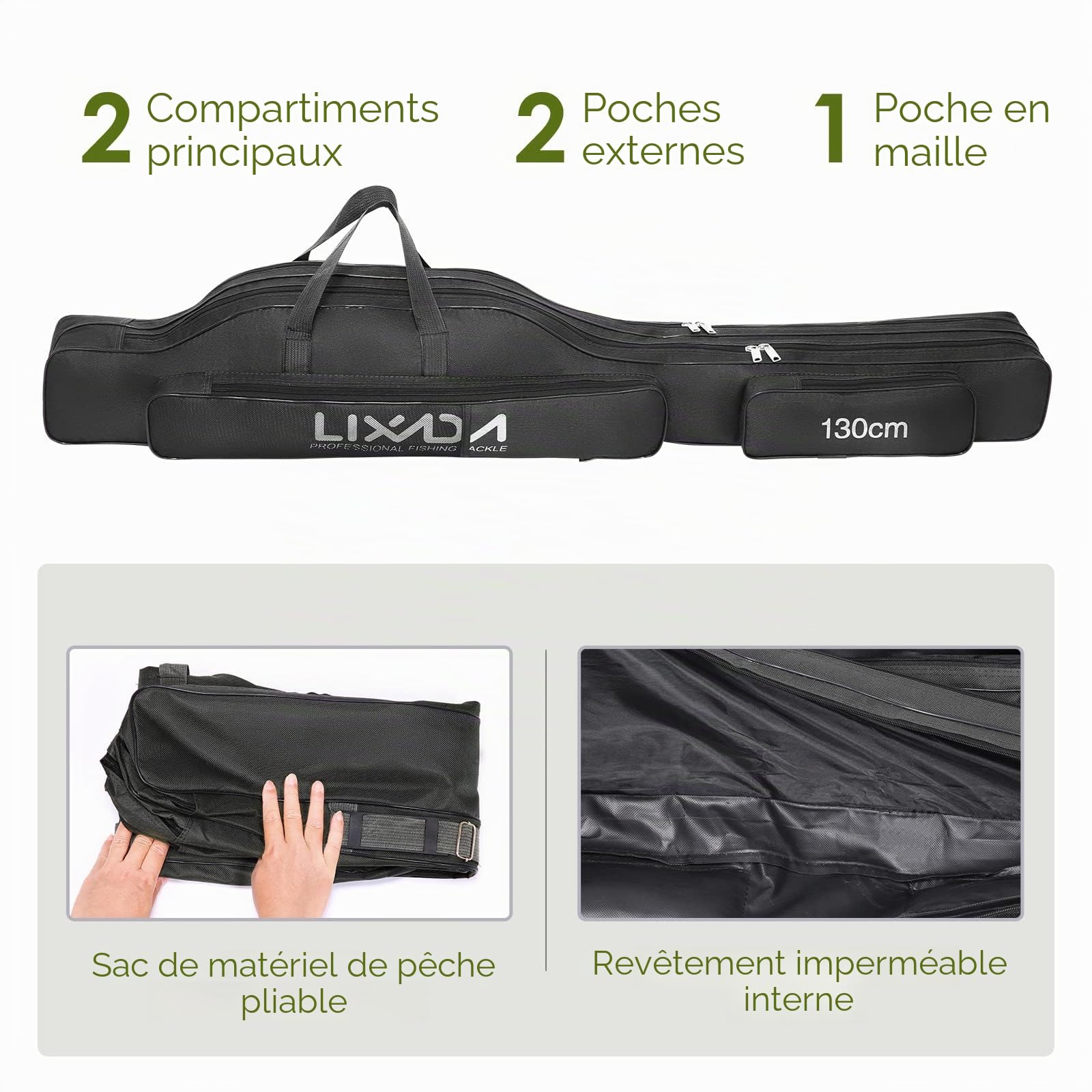 Lixada Sac de pêche Portable Pliable pour Canne à pêche en Plein air, 100 cm/130 cm/150 cm