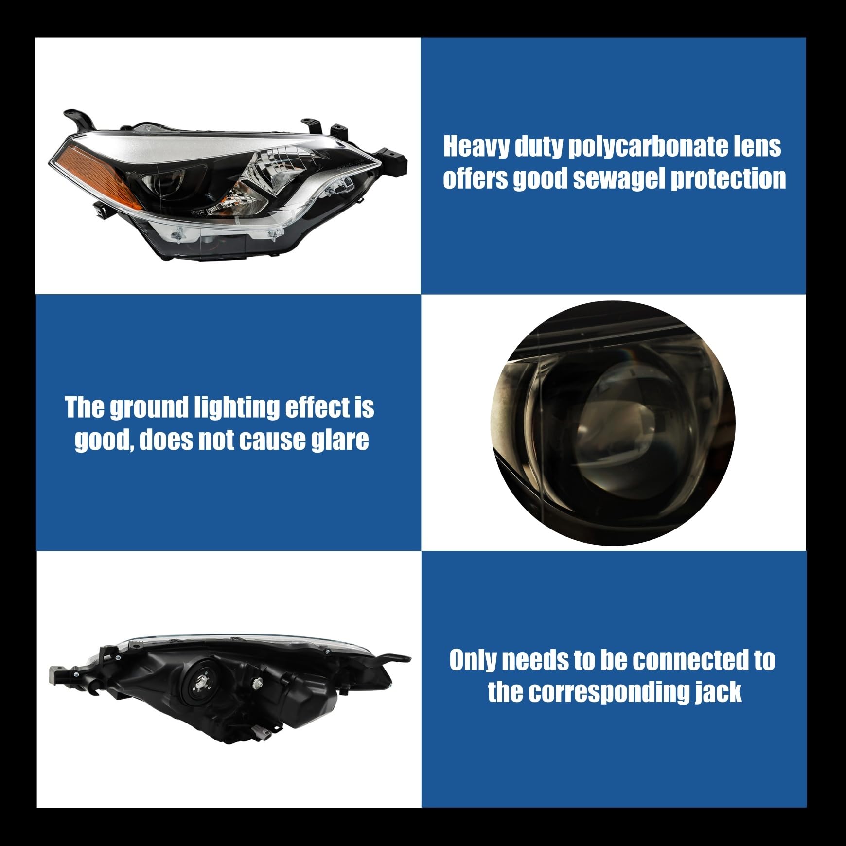 Silscvtt Headlight Front Head Lamp Replacement for Toyota Corolla 2014 2015 2016 Projector Headlight Right Side (Passenger Side)