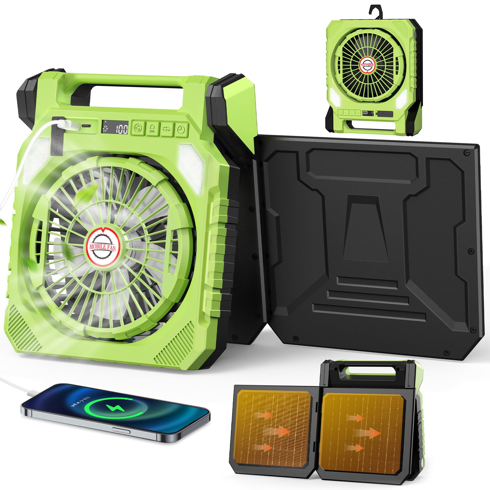 Ventilatore da Campeggio,Ventilatore Portatile con 2 Pannelli Solari,Batteria da 20000 mAh,LED Luce,Torcia elettrica,Scuotendo la testa,Display digitale,Temporizzatore.USB Fan per Viaggi Lavoro
