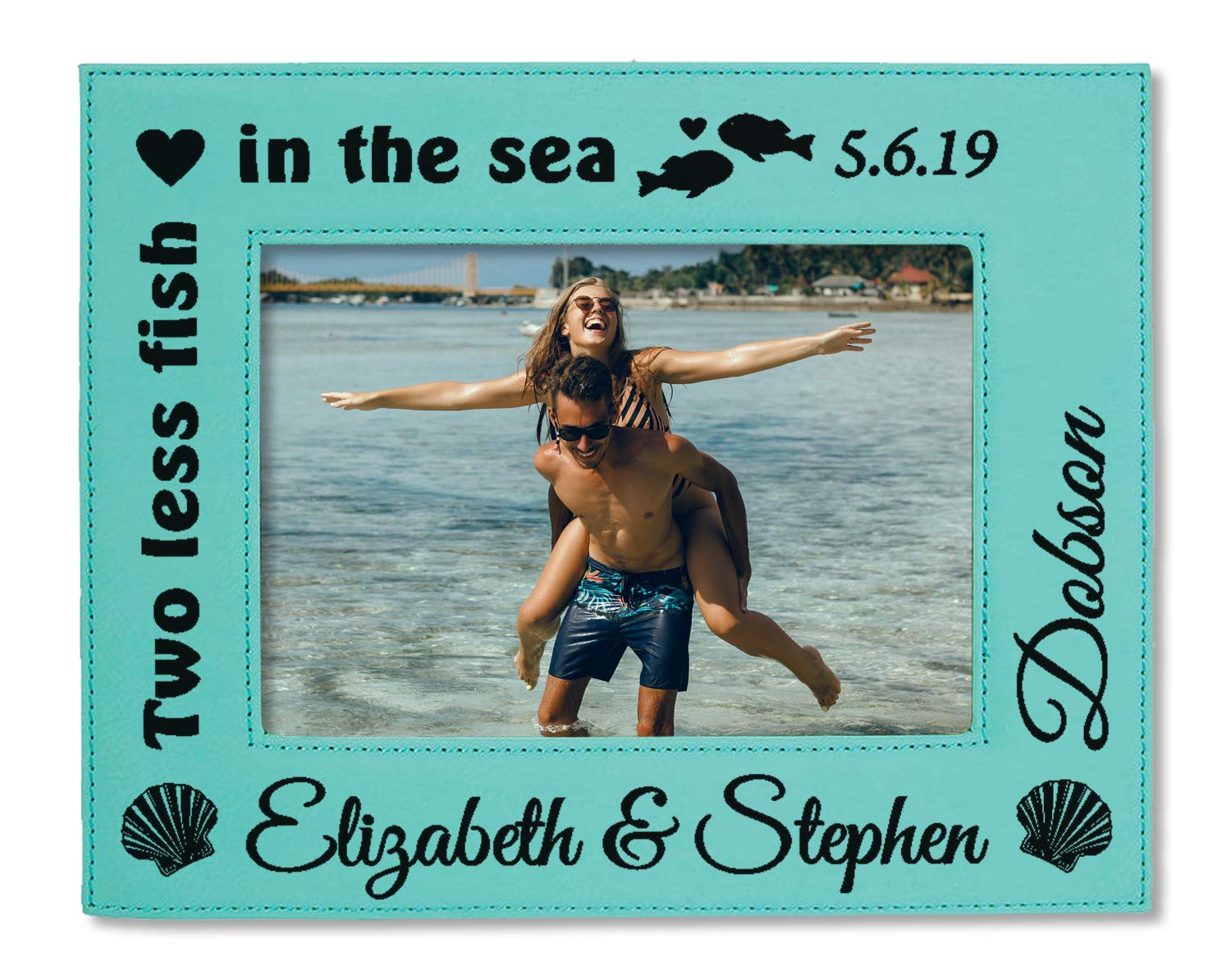 Two Less Fish in The Sea Laser Engraved Personalized (Teal or Pink) Couples Picture Frame Wedding Anniversary Bride Groom Husband Wife Mom Dad Gifts