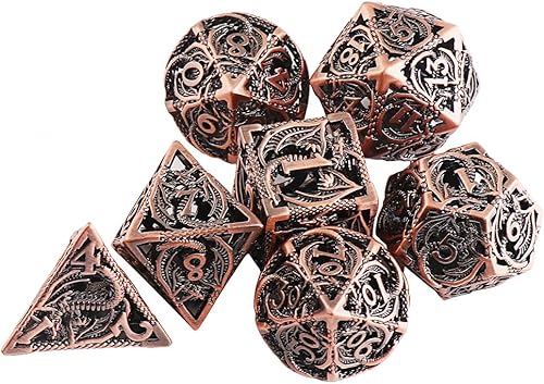 Juego de dados de dragón de cobre para juego de mesa Calabozos y Dragones, dados huecos de metal tallado con diversión multicara (cobre rojizo)