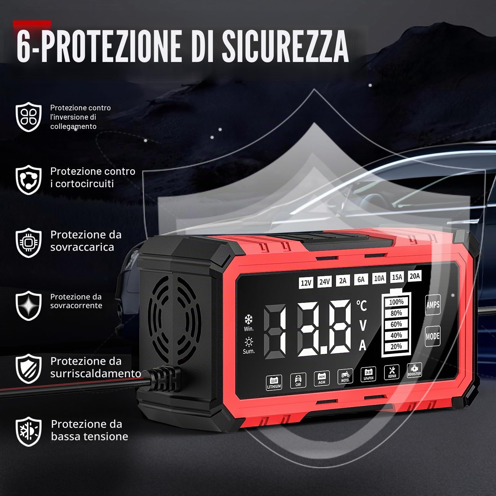 Caricabatterie da auto da 20 A, 12 V/24 V, Smart completamente automatico | con compensazione della temperatura, caricatore intelligente per auto, moto, camion, tosaerba, tosaerba o barca (20A)