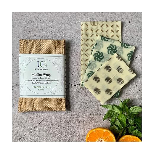 UC Urban Creative Madhu Wrap Reusable Beeswax Food wrap - Assorted Starter Set of 3 in Organic Cotton