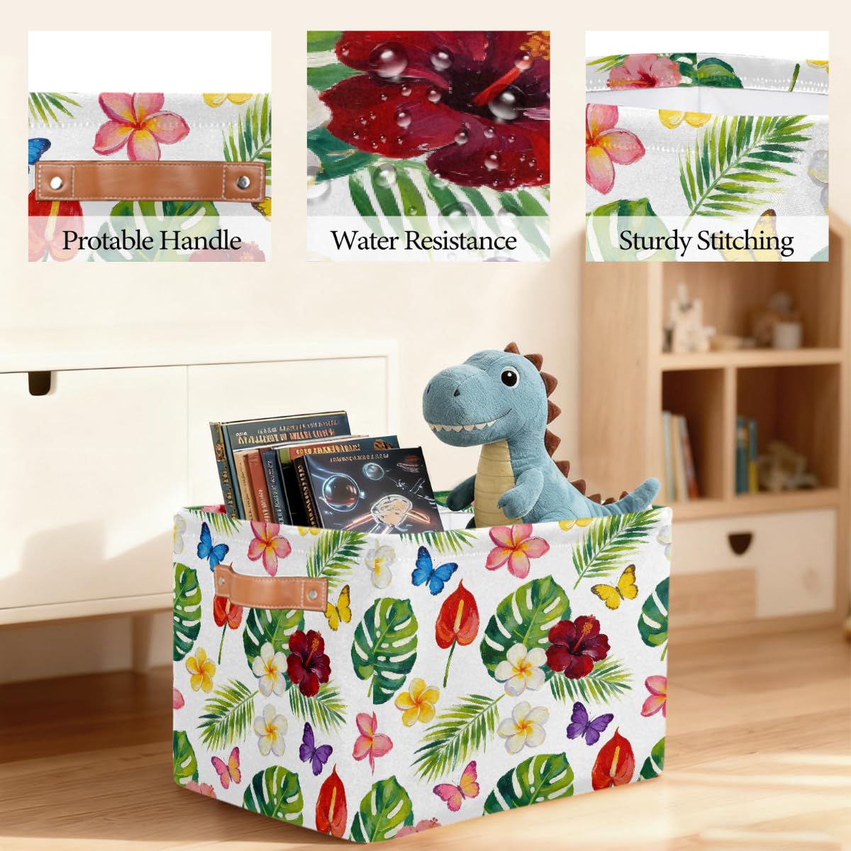 Rechteckiger Aufbewahrungskorb mit tropischen Blumen und Blättern und Schmetterlingen und Ledergriffen, faltbarer Stoff-Aufbewahrungskorb für Schrank, Badezimmer, Wohnzimmer, Büro, Spielzeug