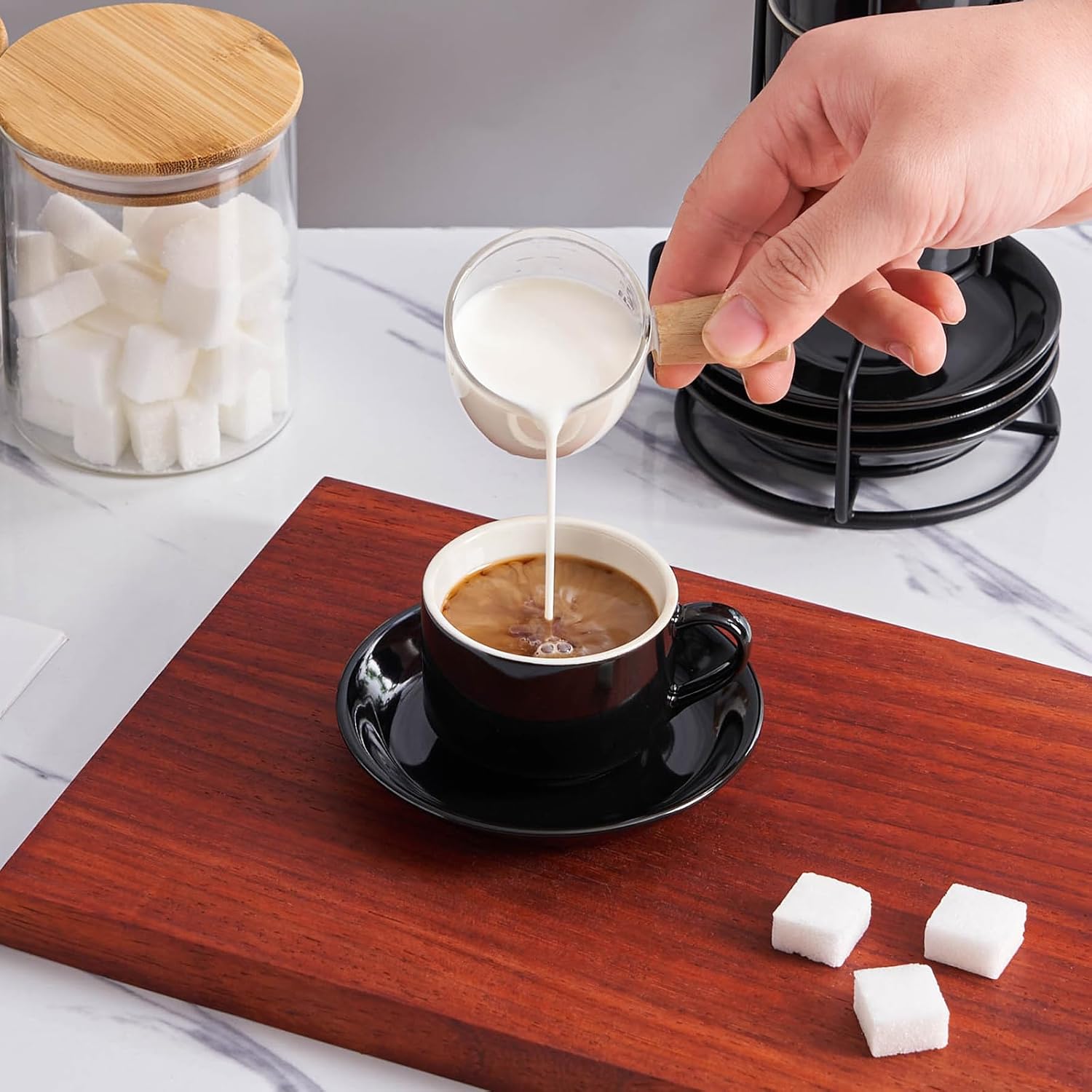 YOLIFE 2.5oz Porcelain Stackable Espresso Cups with Saucers and Metal Stand Set of 4, Stackable Cappuccino Cups, Black Expresso Shots Cup Set for Coffee Drinks, Latte, Tea - Image 4