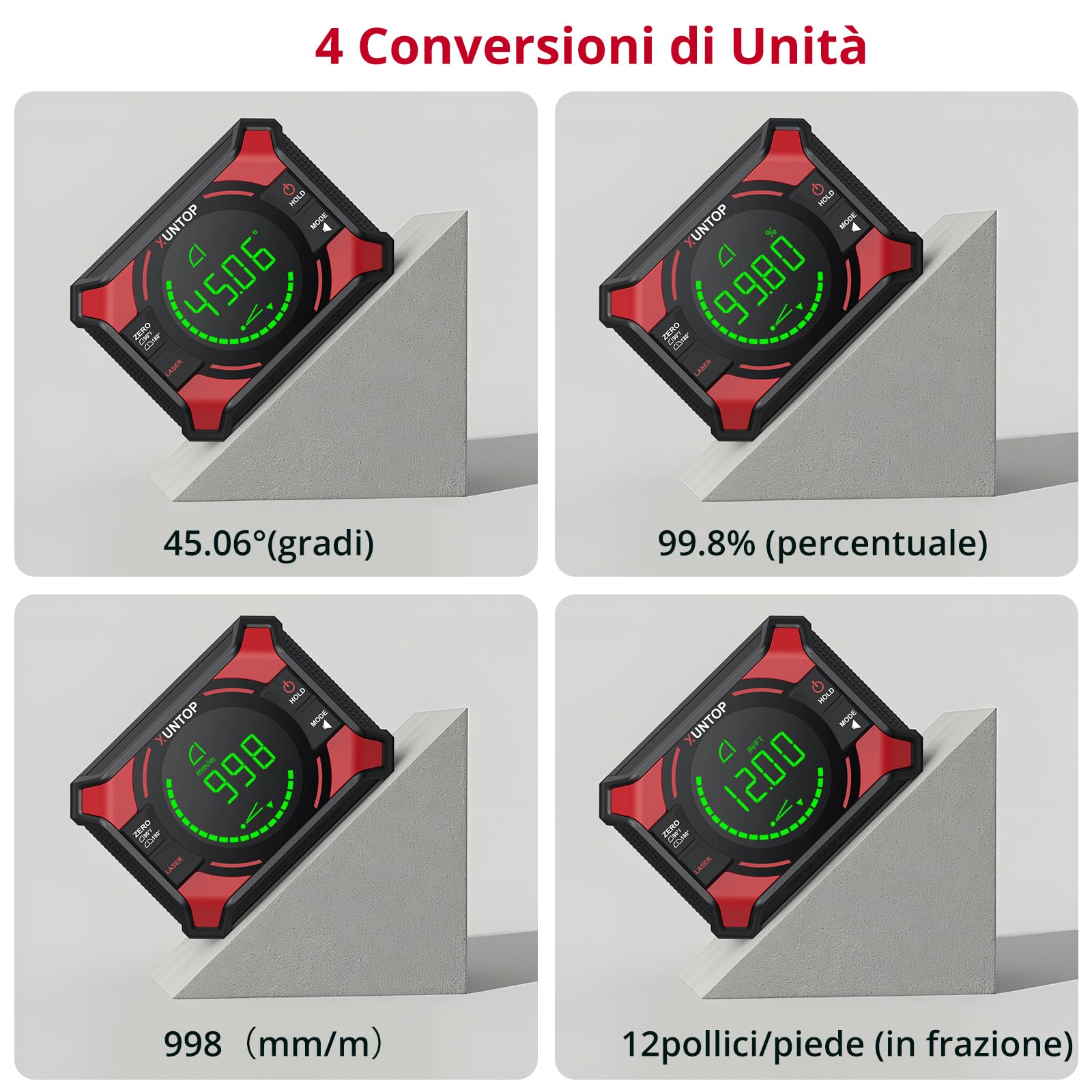 XUNTOP Digital Level Box Laser Digitale 3 in 1, Inclinometro Magnetico Ricaricabile con Livella a Croce, 4x90° e 2x180° Campo Misura, Precisione ±0.1°, Display LCD, per DIY, Falegnameria, Costruzione