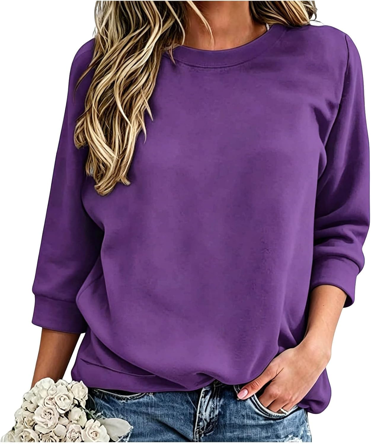 Women 3/4 Sleeve Crewneck Sweatshirt,Solid Color Loose Casual Pullover | Loose relaxed version, simple tone, ideal for autumn leisure and indoor daily matching
