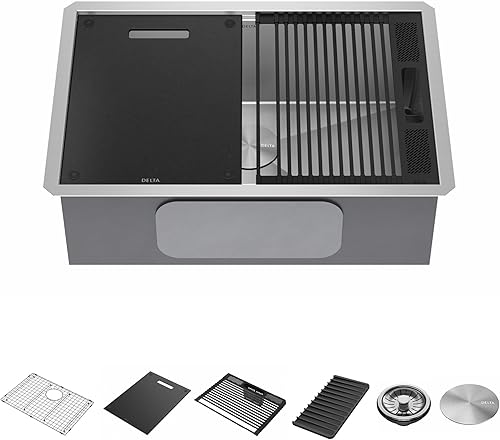 DELTA FAUCET Rivet 95B931-27S-SS - Fregadero de cocina con estación de trabajo de 27 pulgadas, cuenco individual de acero inoxidable calibre 16 con