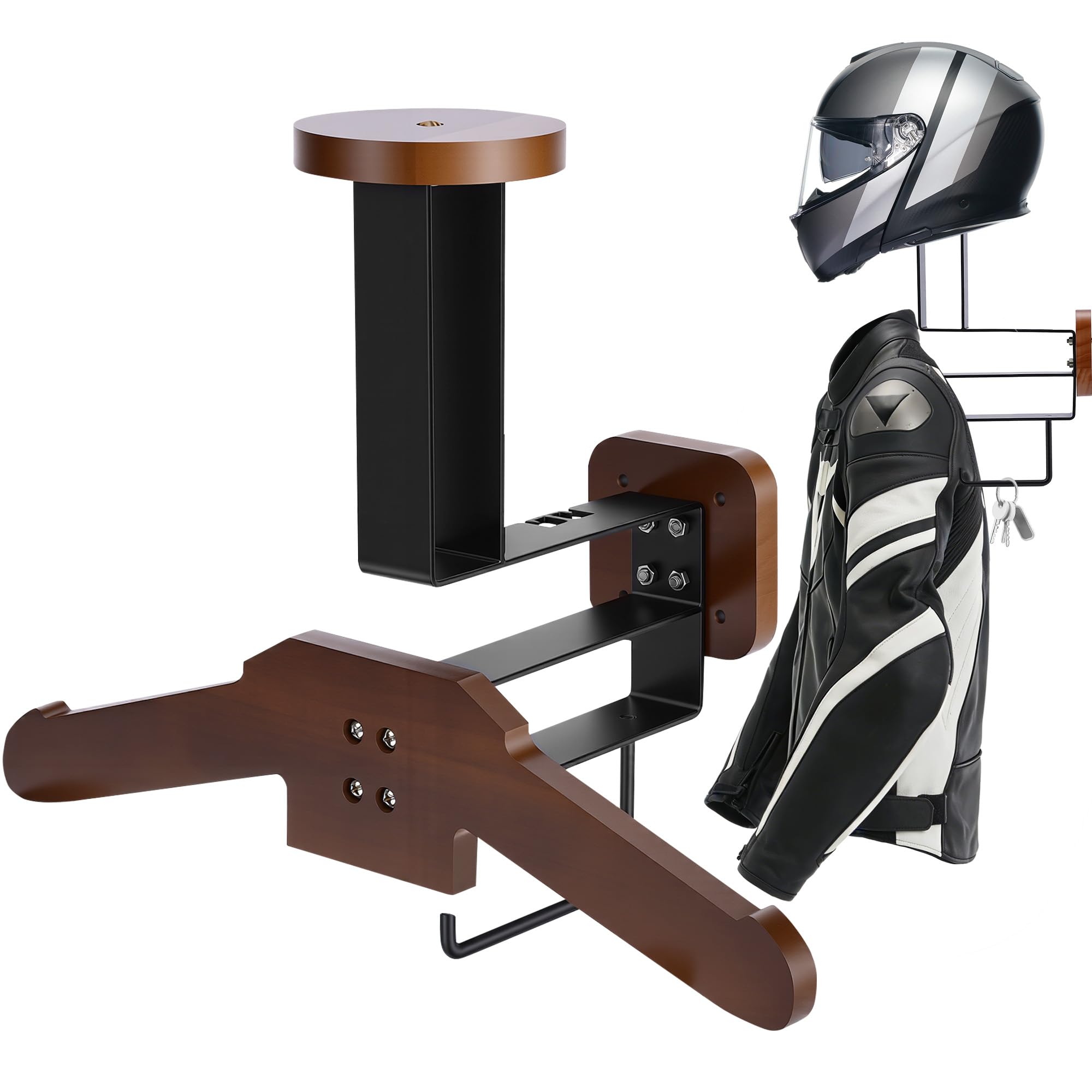 Support Casque Moto, Porte Casque Moto Mural en Bois et Fer, Crochet Multifonctionnel Organisateur Mural Rangement pour Équipements de Cyclisme, Football, Rugby et Autres Sports, Noyer