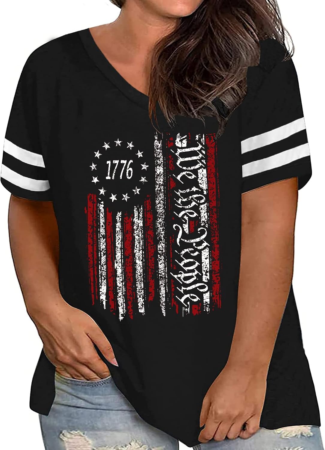 Plus Size Tops American Flag Shirts Womens V Neck Patriotic Tshirt USA Graphic Tee 4th of July T-Shirt