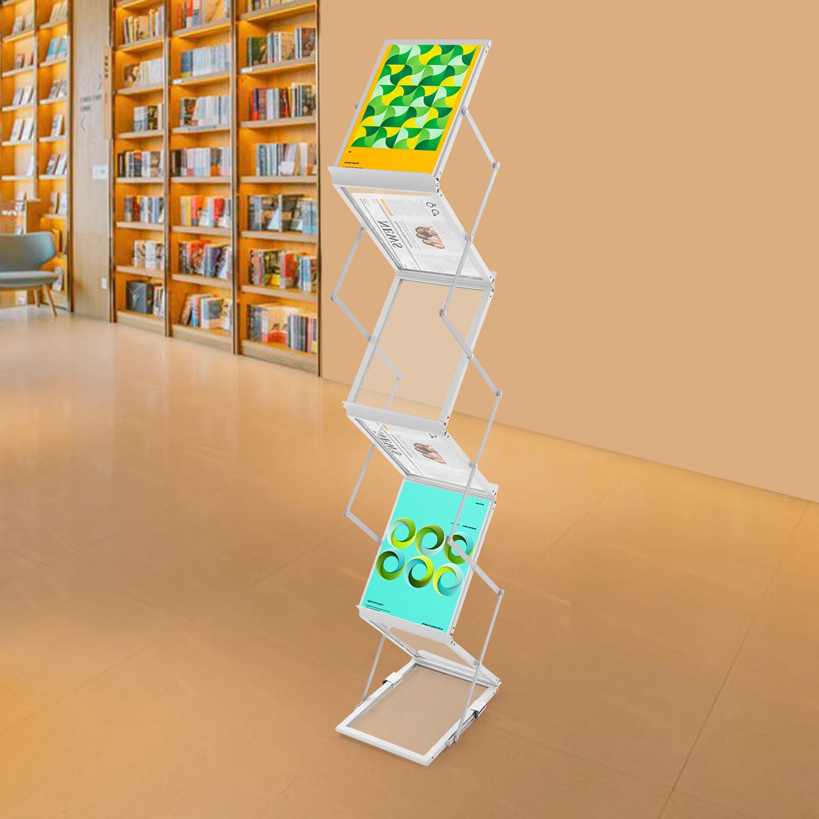Plegables Soporte para Folletos A4, en Aluminio y Acrílico, 150 cm de Altura, 6 Paneles Expositor Revistas De Pie, con Prolongación y Almohadilla Antideslizante, para Publicidad Comercial