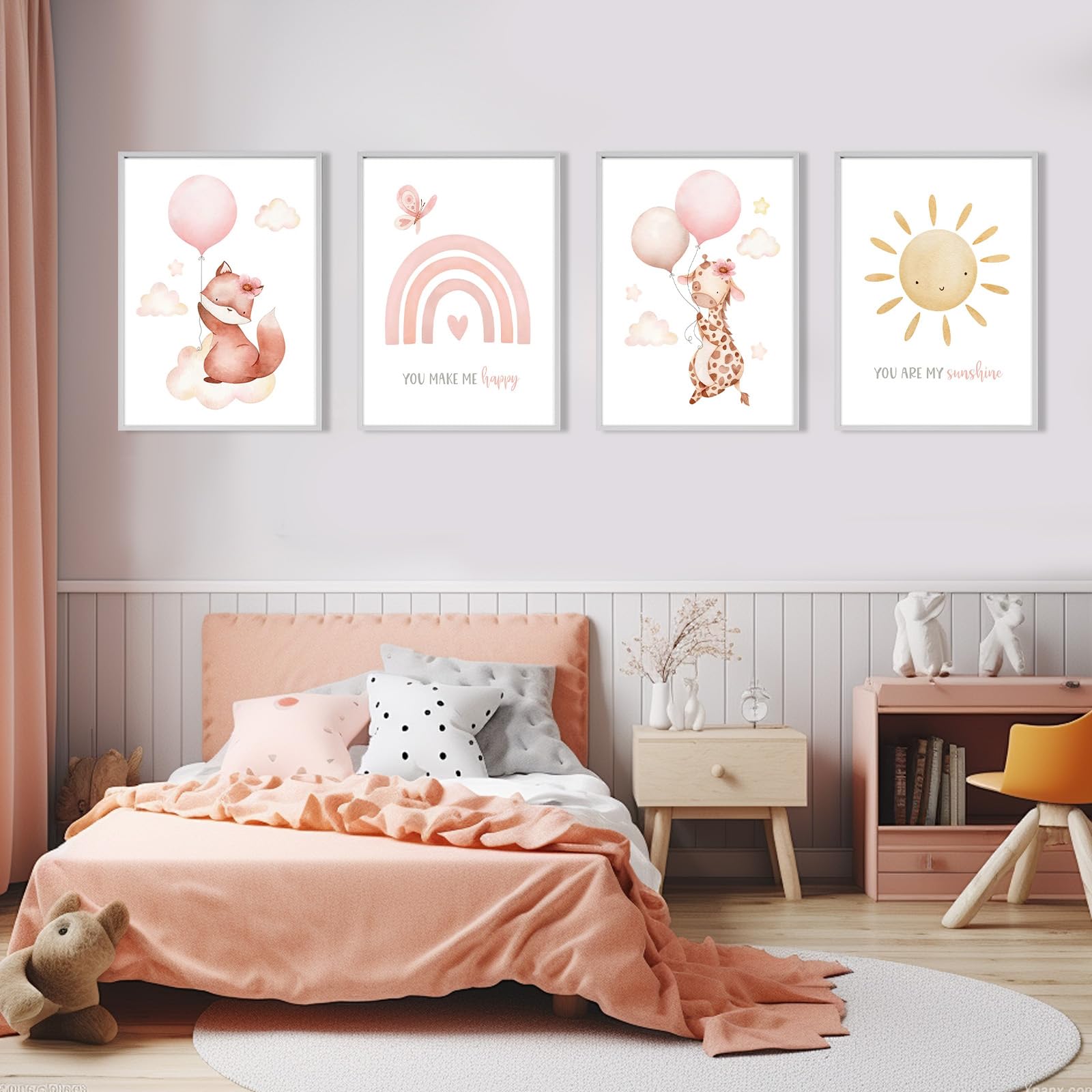 Eclove Set di 4 Poster per Cameretta Bambini - Animali ad Acquerello con Volpe Rosa & Giraffa, Decorazione Murale per Nursery e Cameretta di Bambina, Senza Cornice (21x30 cm A4)