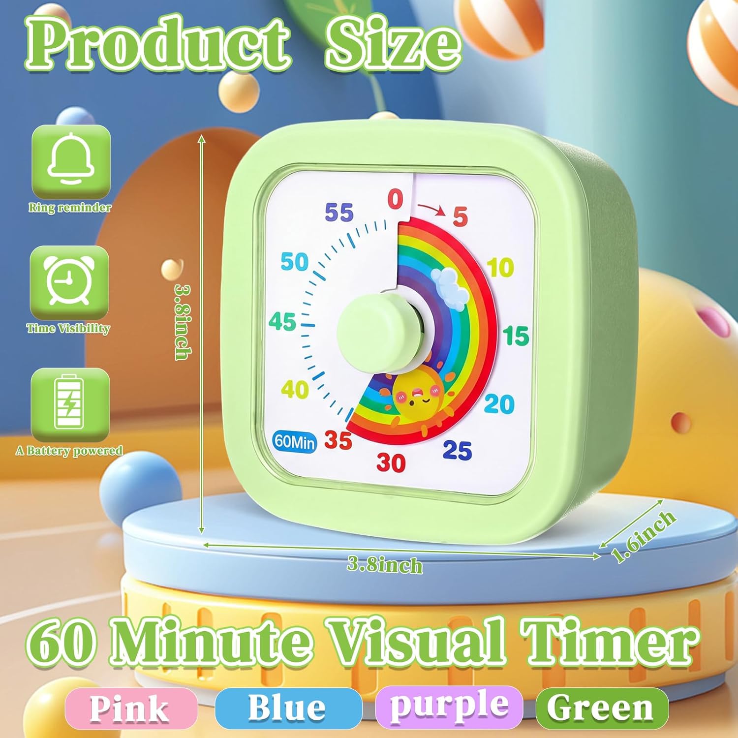 4 Pack Visual Timer 60 Minute Countdown Timer Colored Countdown Clock for Homeschool Supplies Study Tool, Classroom Home Office Time Management Tool(Rainbow,Purple, Blue, Pink, Green)