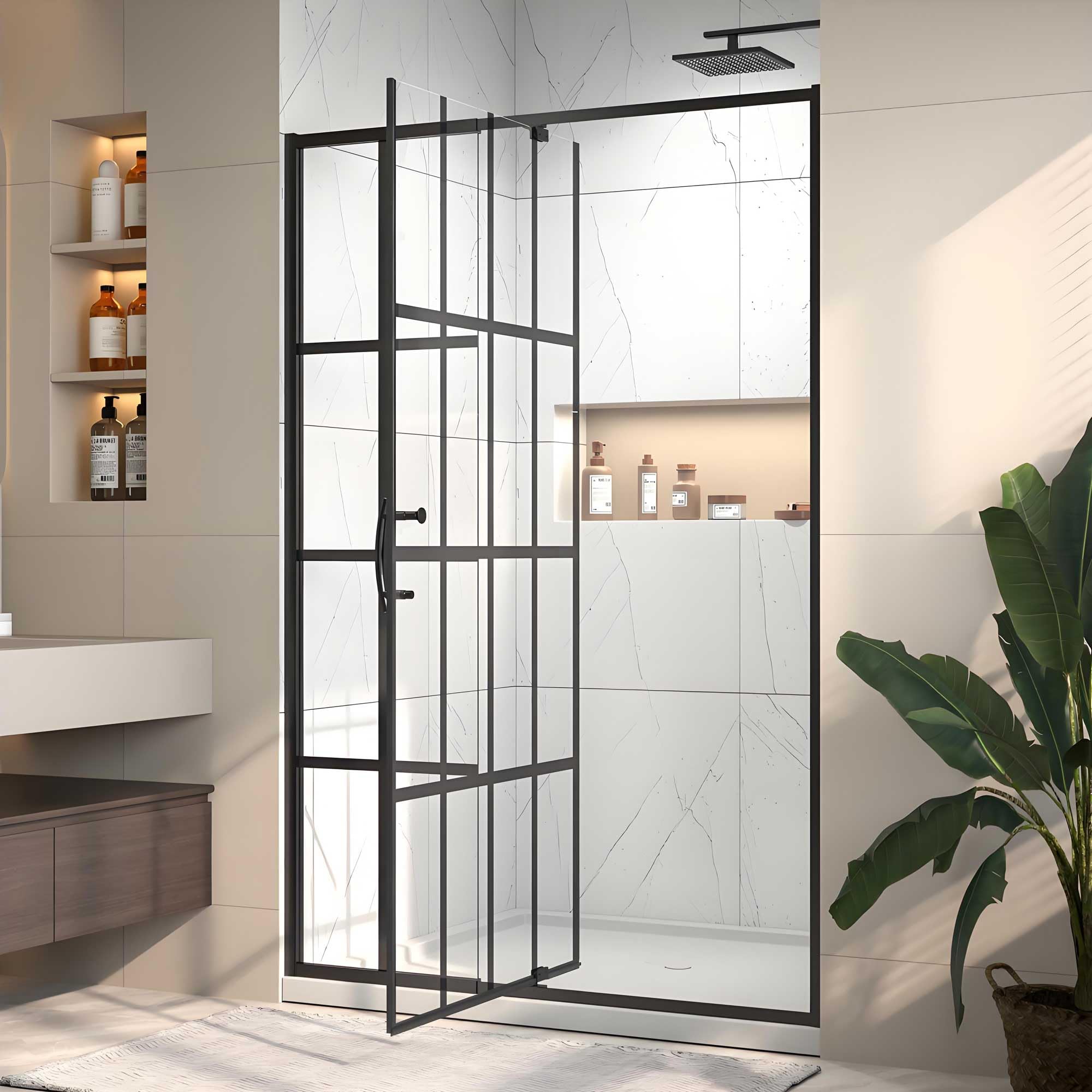 Rodkedc 44-48" W x 71" H Pivot Glass Shower Door,Grid Pattern,1/4"(6mm) Thick SGCC Tempered Shower Glass Door,Matte Black Shower Door,Reversible