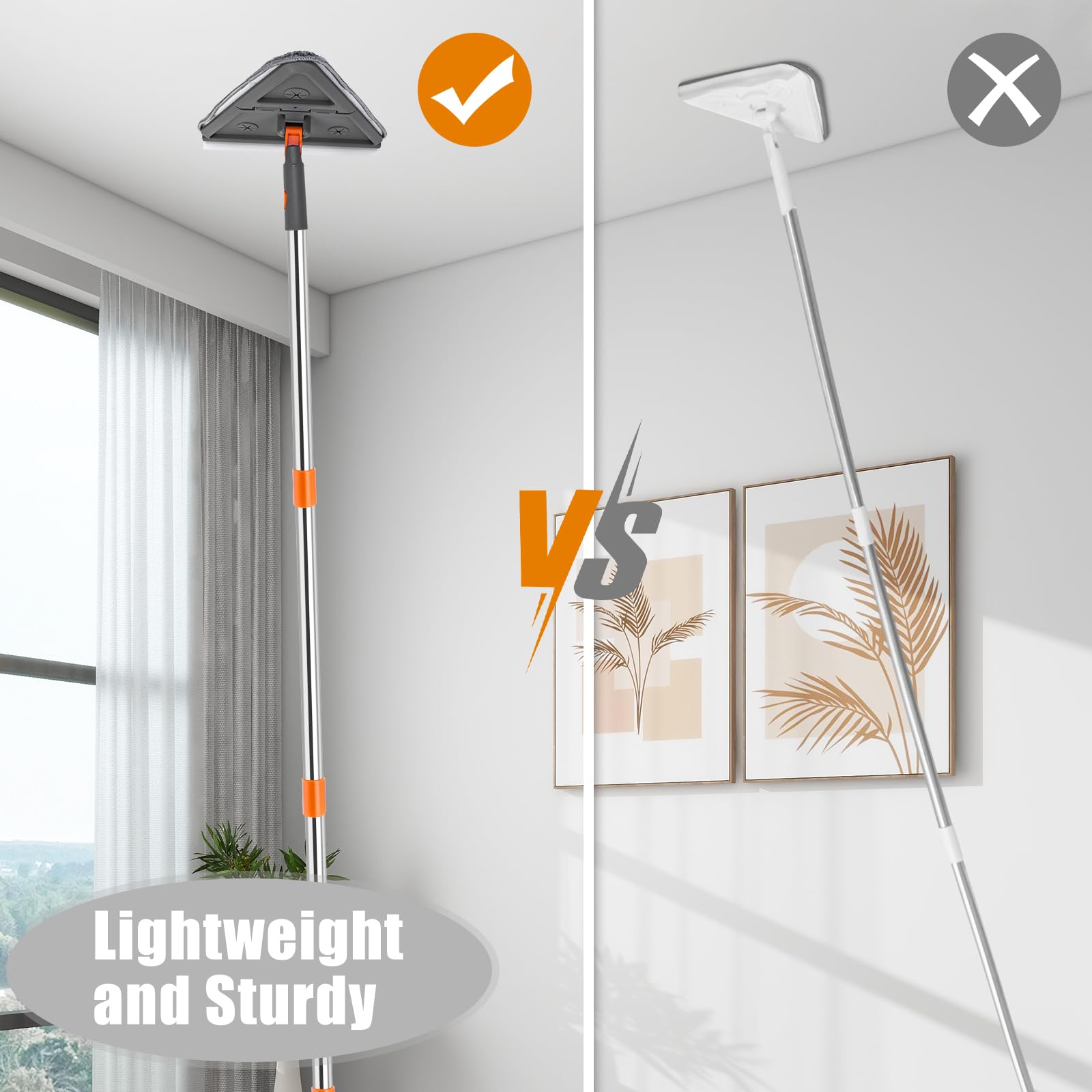 CALBEAU Herramienta de limpieza de zócalo con asa, trapeador de pared plegable con poste de extensión de 86 pulgadas, fregona giratoria de limpieza de pared con escobilla de goma, 8 almohadillas