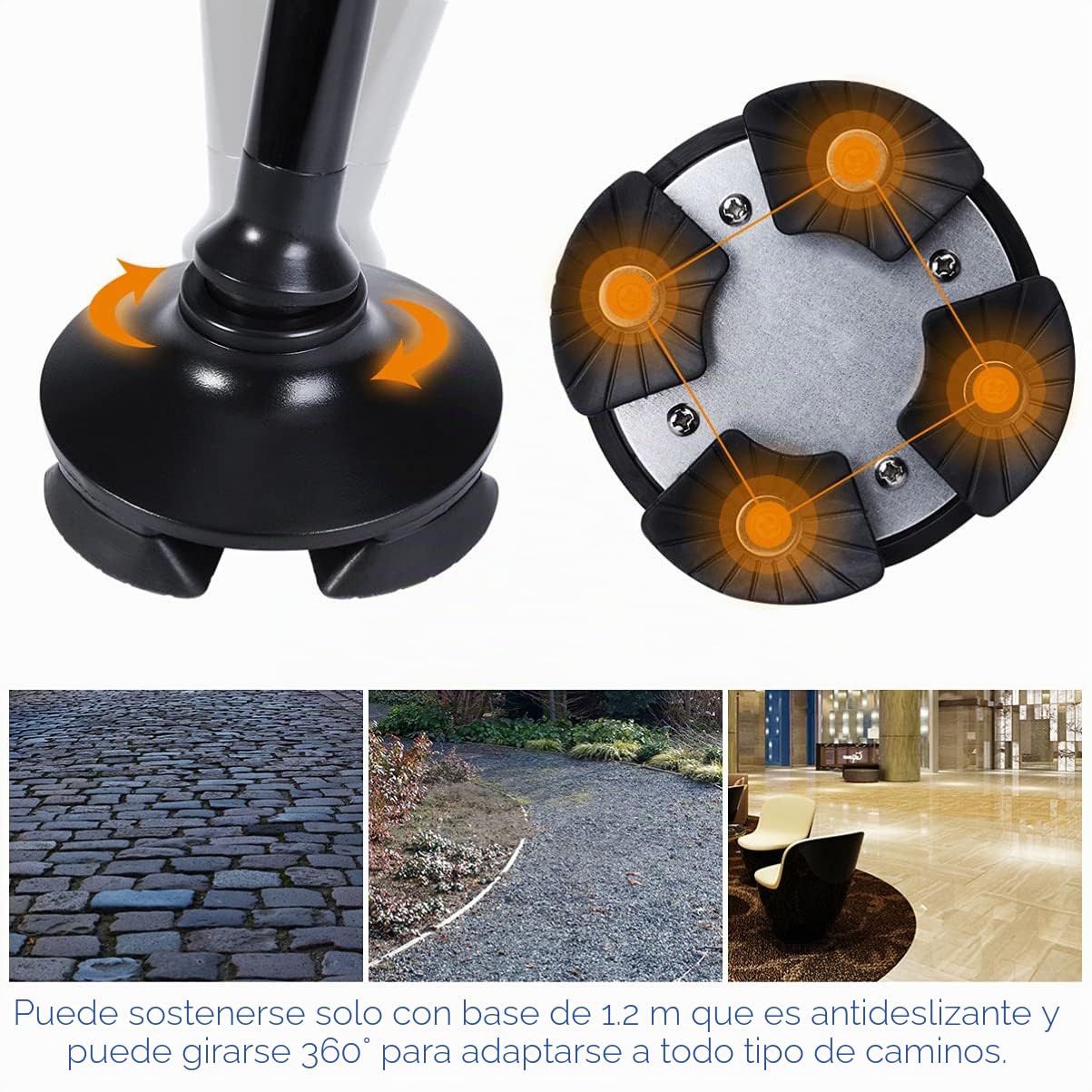 HEMOTON Bastón Plegable Telescópico con Luz Led Ajustable Y Alarma Base Antideslizante De 4 Pies Giratoria 360° Apoyabrazos para Mayor Seguridad En Movilidad