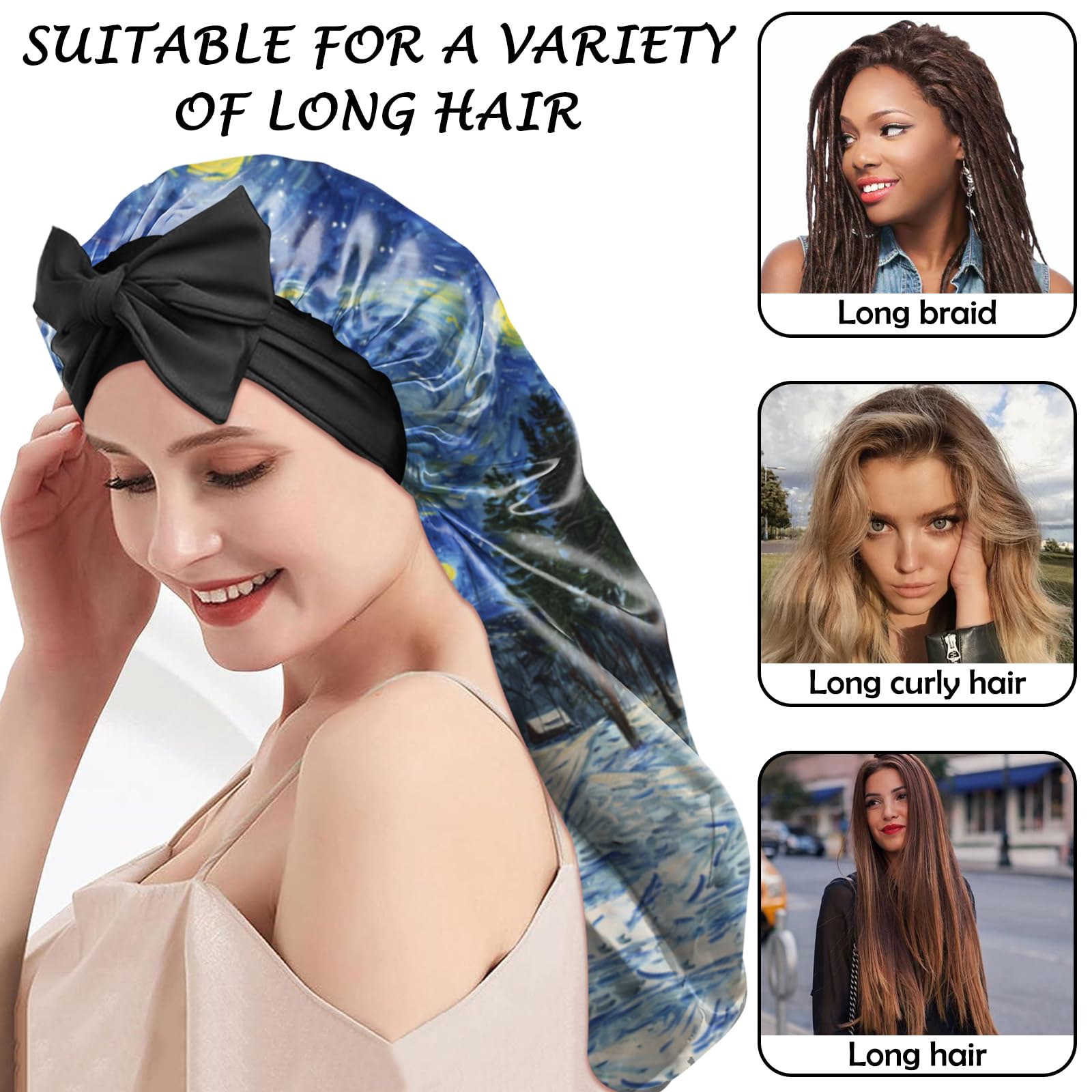 BHAHB Silk Long Satin Hair Bonnet for Sleeping Adjustable Double Layer Elastic Reusable Long Hair Caps Cute Women Girls (L22-Starry Night) - Image 3
