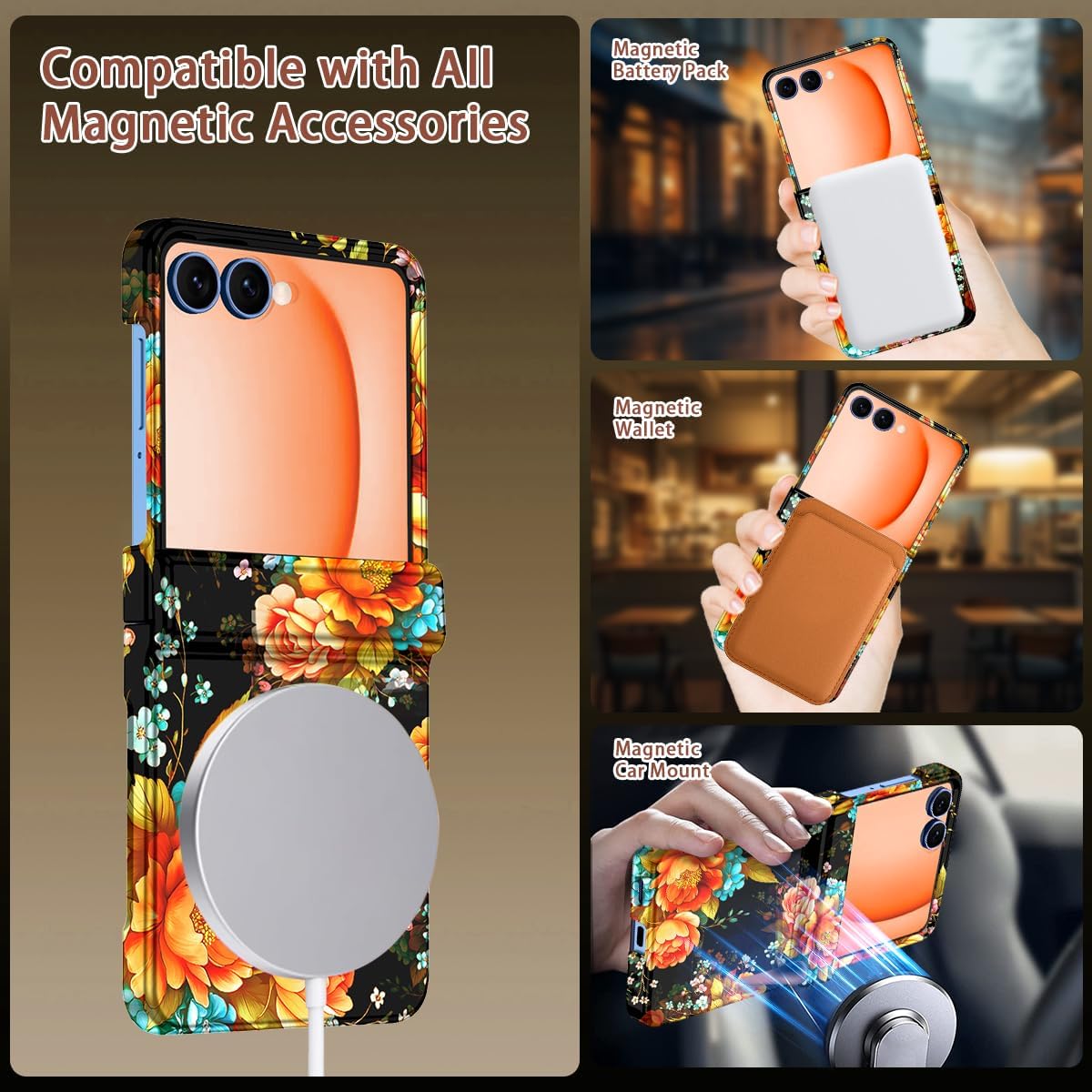 for Galaxy Z Flip 7 Case, [Compatible with MagSafe][Built-in Screen Protector][Kickstand][Hinge Protection], Hard PC Slim Fit Shockproof Protective Case for Samsung Galaxy Z Flip 7,Black