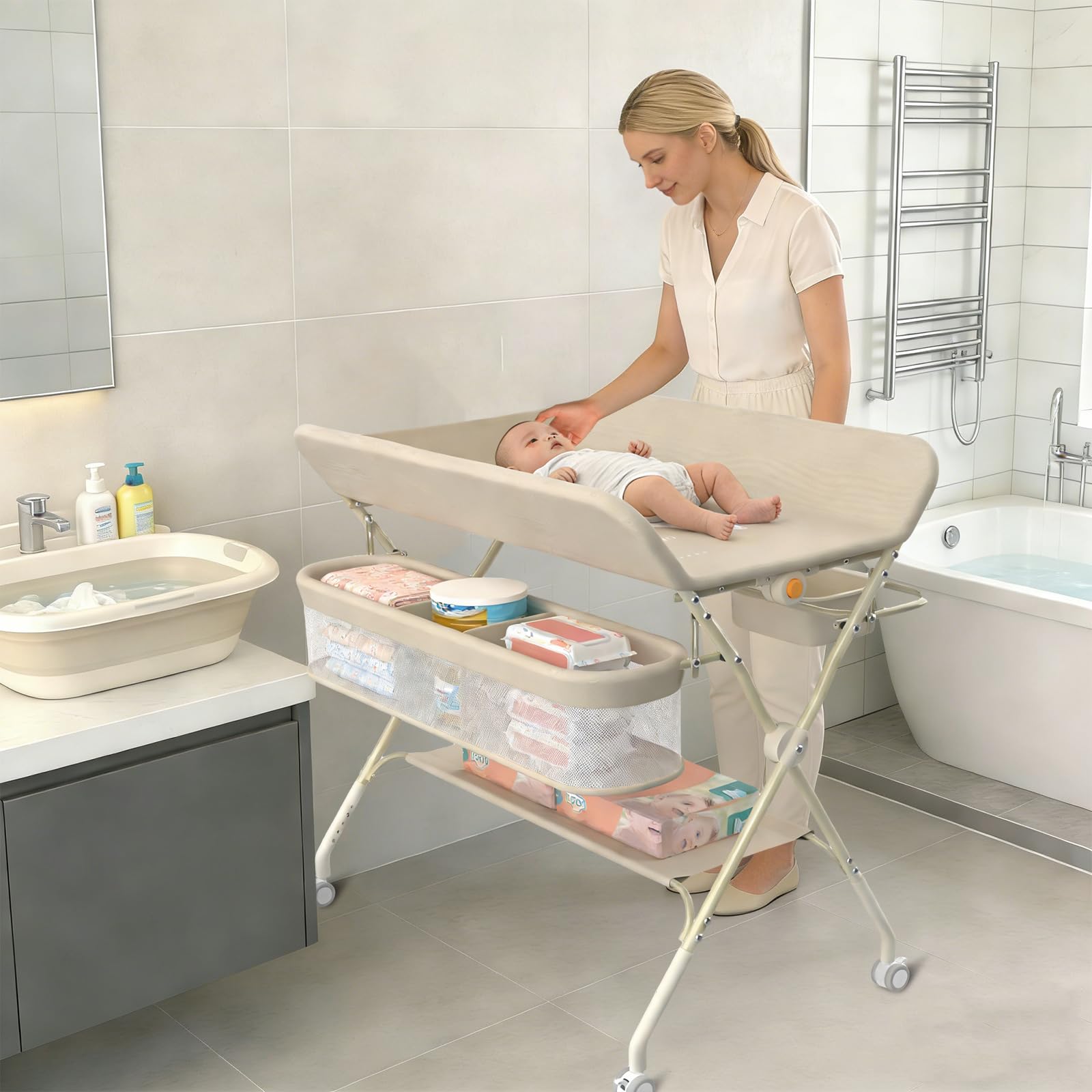 Table à Langer Pliable, Réglable en Hauteur, Ceinture de sécurité et 4 Roues avec Frein, Plan à Langer avec Panier Latéral, Soin pour Nouveaux-Nés Mobile (beige-A)