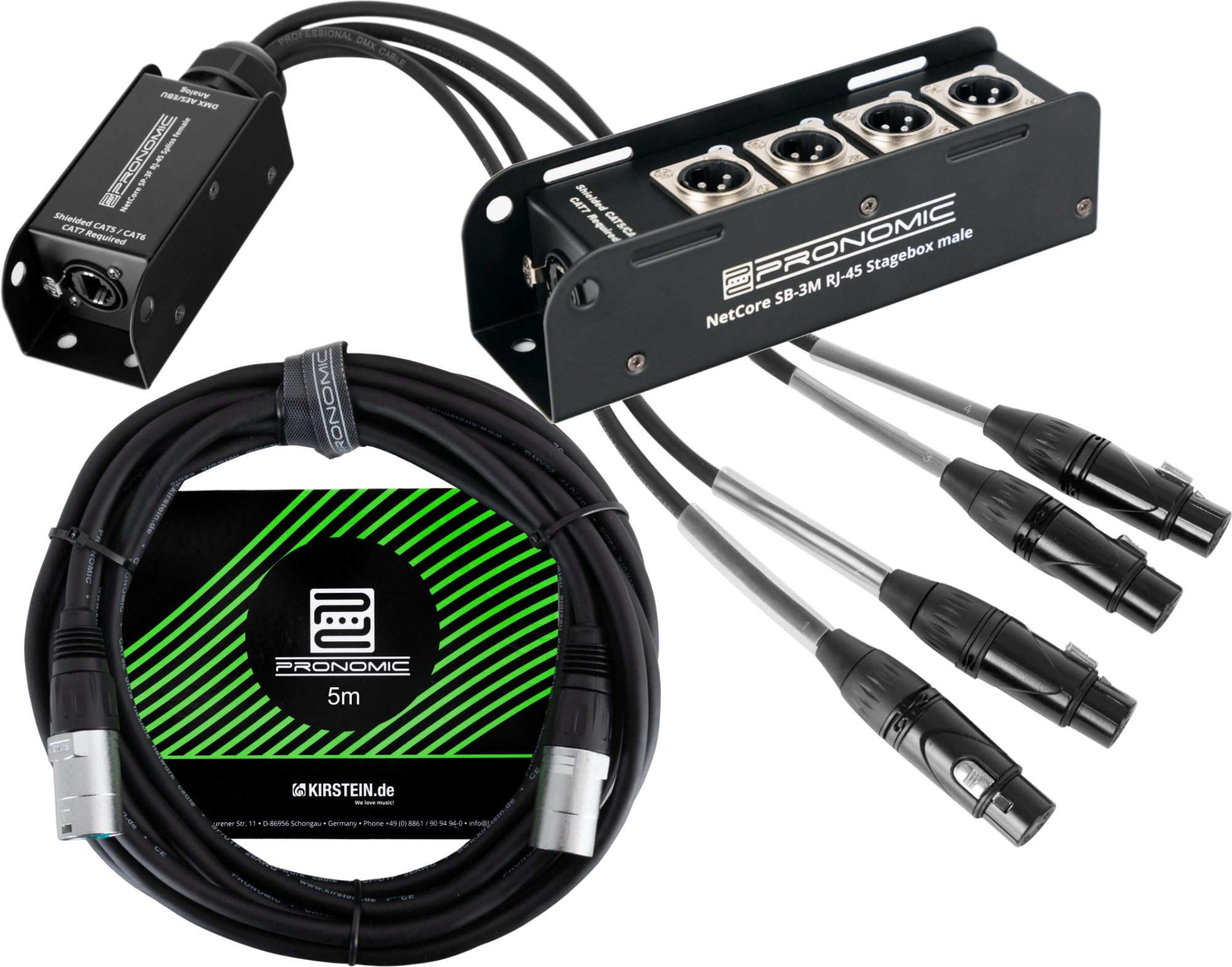Pronomic NetCore SB-3M/SP-3F 5m Set - 4-Kanal Multicore Audiosystem - Stagebox mit 4 XLR-Buchsen & RJ45 - Pigtail mit 4 XLR-Steckern & RJ45 - Inklusive 5 m CAT5e Netzwerkkabel - Schwarz