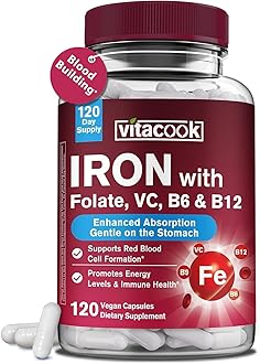 Iron Supplement for Women & Men, Iron Bisglycinate with Vitamin C, B6, B12, Folate, Stomach Friendly, Non-Constipating, Blood Health & Energy Boost, 120 Vegan Caps