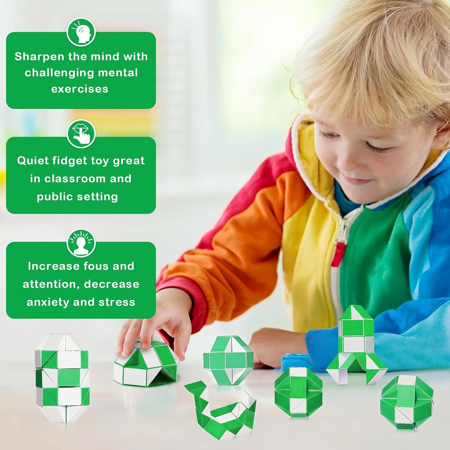 Chivao 60 Pack 24-Blocks Fidget Snake Cube Mini Twist Puzzle Magic Snake Speed Cubes for Stocking Party Gifts Bag Fillers Party Favors (Green)